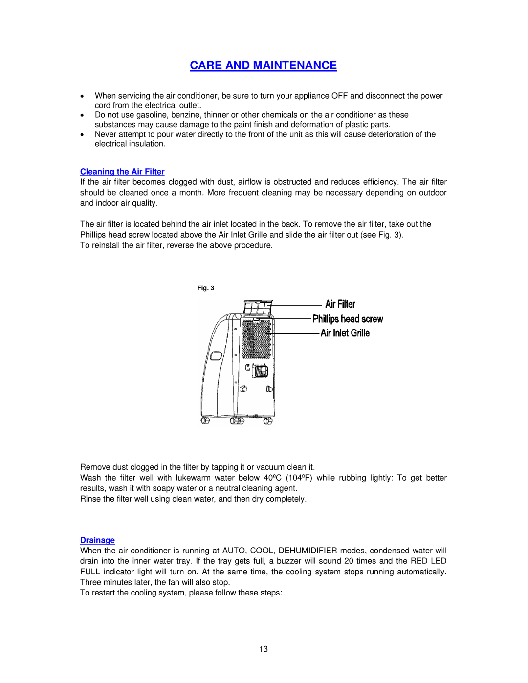 Avanti PAC12000 instruction manual Care and Maintenance, Cleaning the Air Filter 