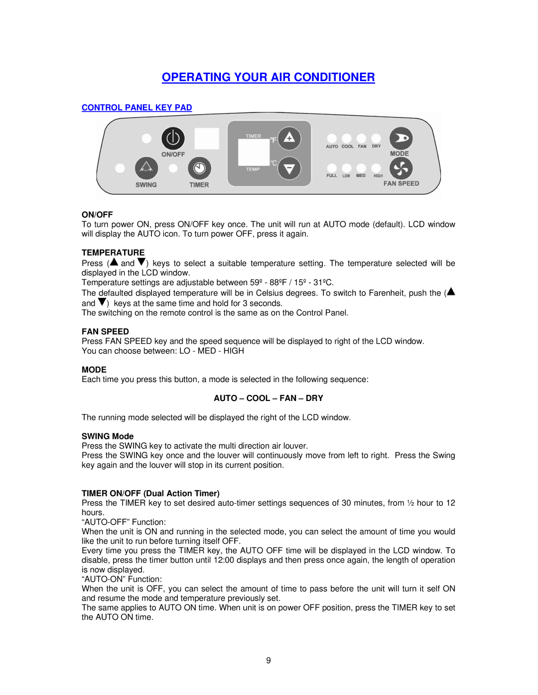 Avanti PAC12000 instruction manual Operating Your AIR Conditioner 