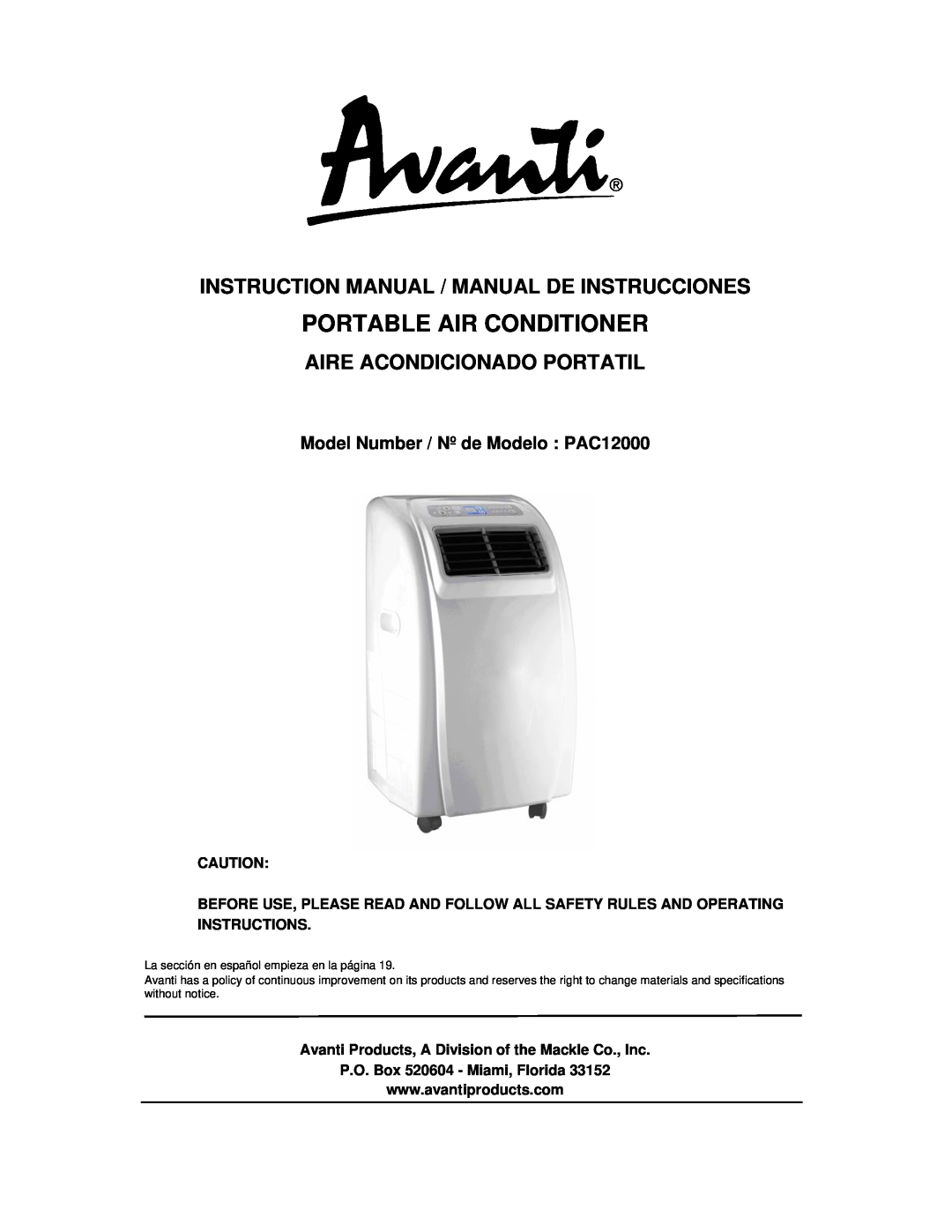 Avanti instruction manual Aire Acondicionado Portatil, Model Number / Nº de Modelo PAC12000, Portable Air Conditioner 