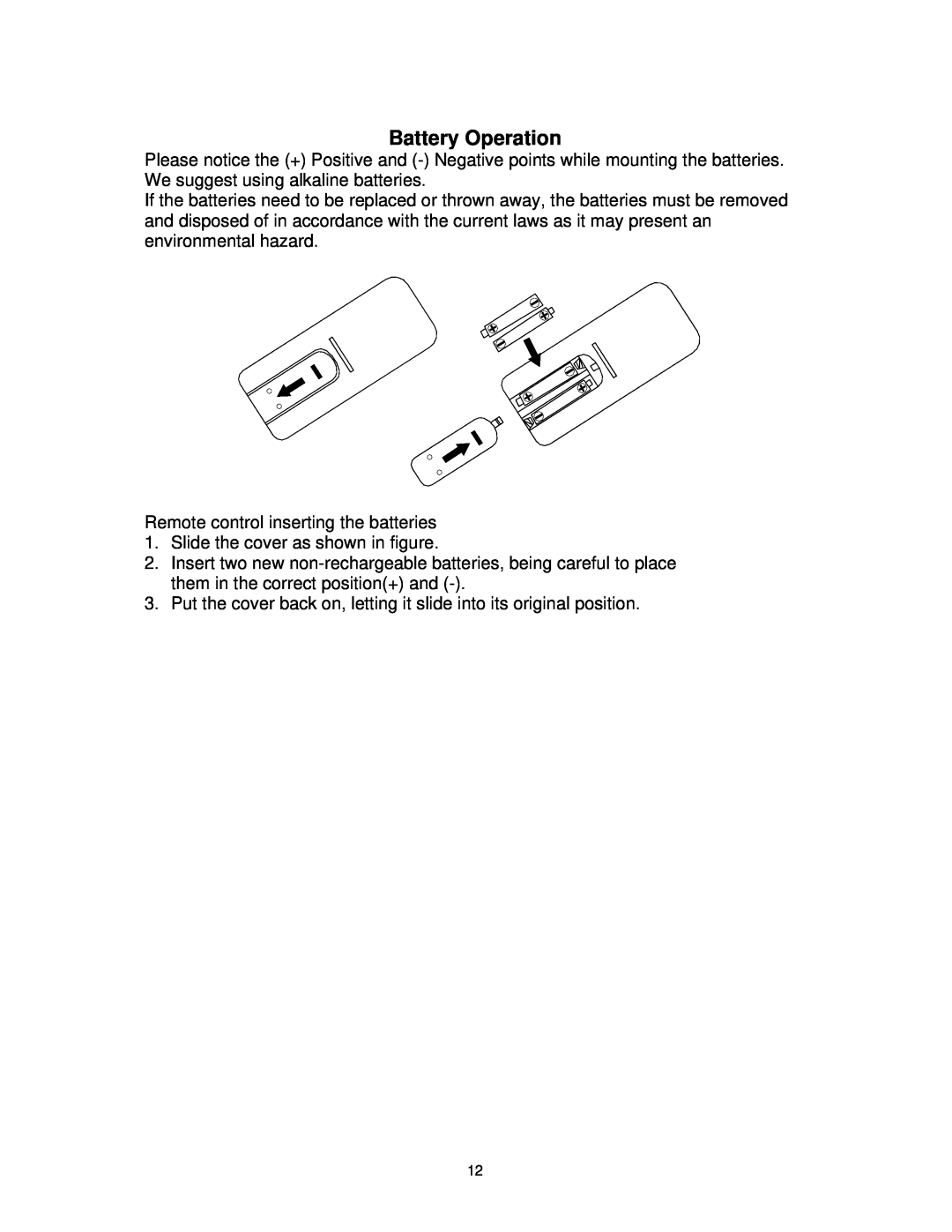 Avanti PAC12000 instruction manual Battery Operation 