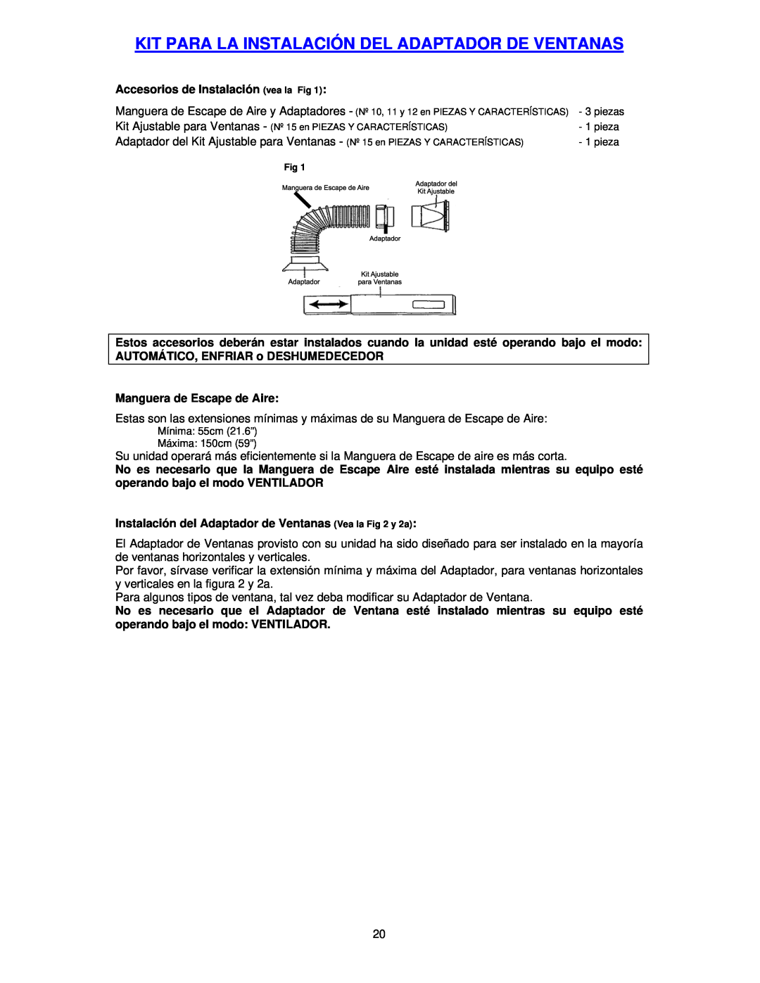 Avanti PAC12000 instruction manual Kit Para La Instalación Del Adaptador De Ventanas, Accesorios de Instalación vea la Fig 