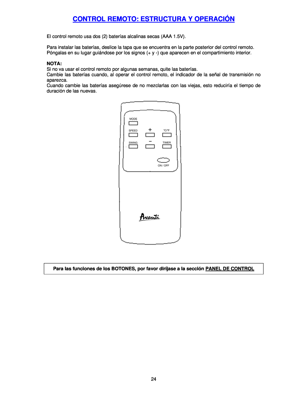 Avanti PAC12000 instruction manual Control Remoto: Estructura Y Operación, Nota 