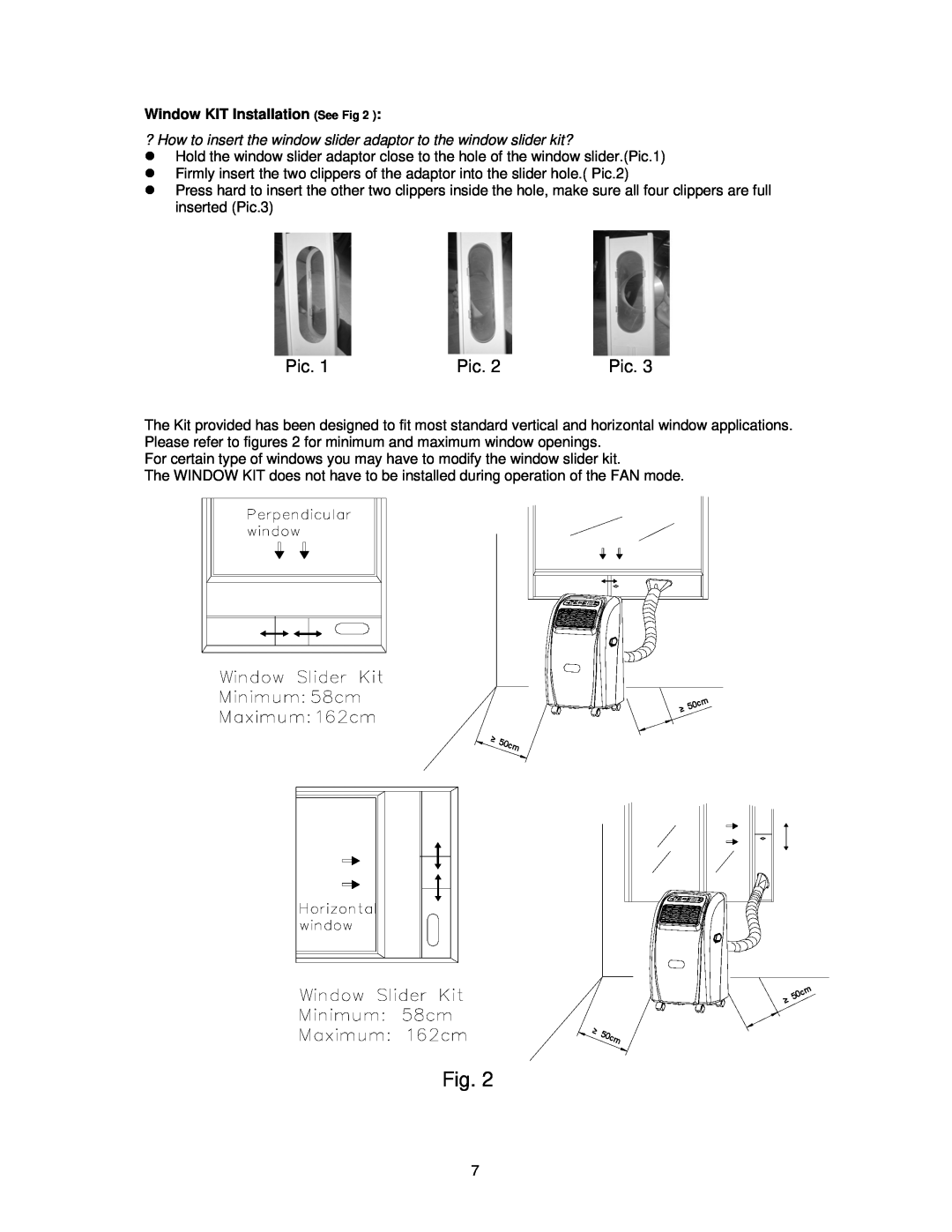 Avanti PAC12000 instruction manual Pic, Window KIT Installation See Fig 