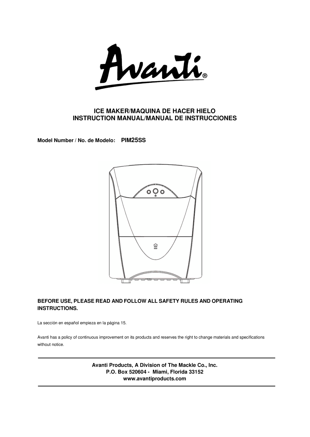 Avanti PIM25SS instruction manual ICE MAKER/MAQUINA DE Hacer Hielo 