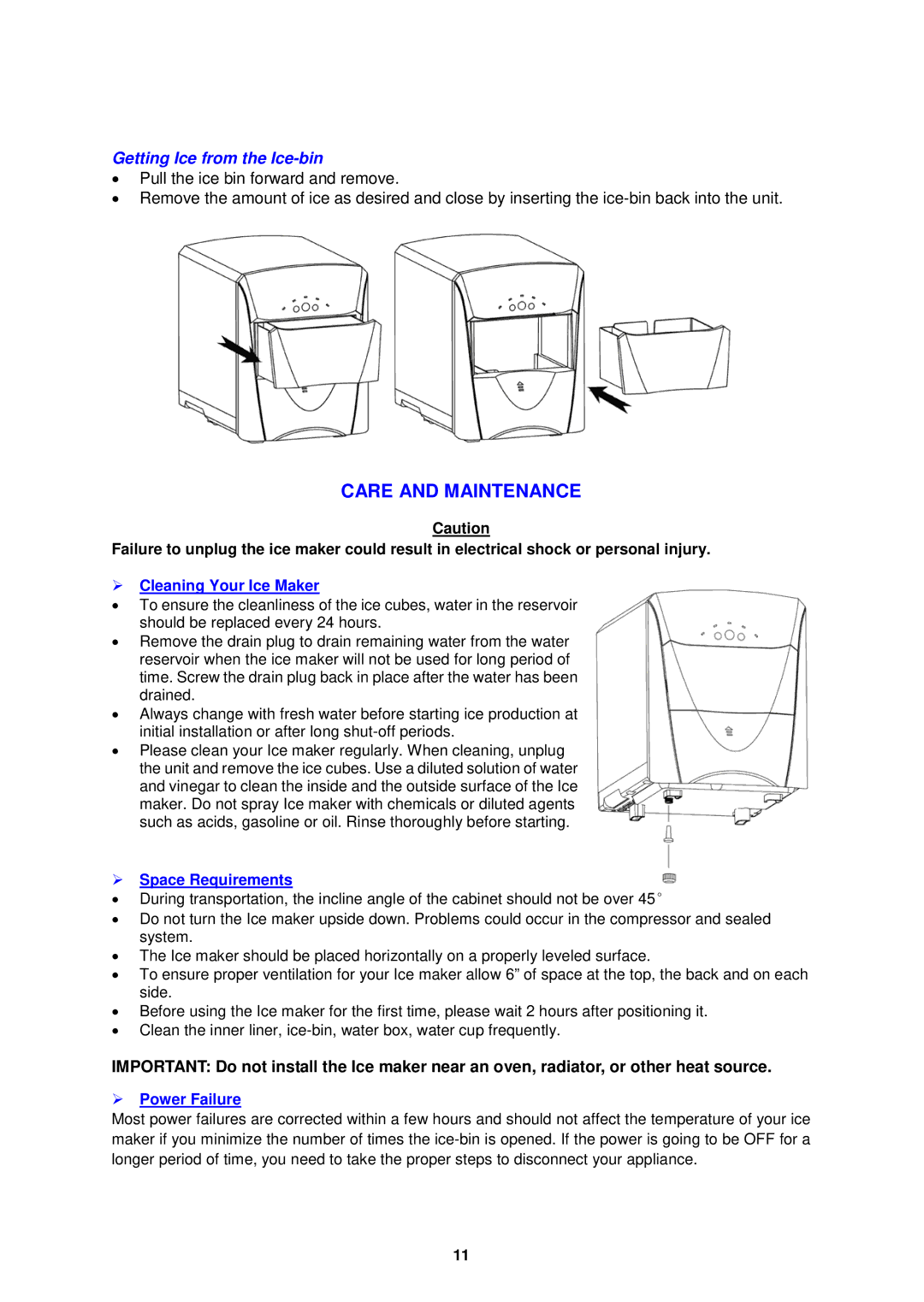 Avanti PIM25SS Care and Maintenance, Getting Ice from the Ice-bin,  Cleaning Your Ice Maker,  Space Requirements 