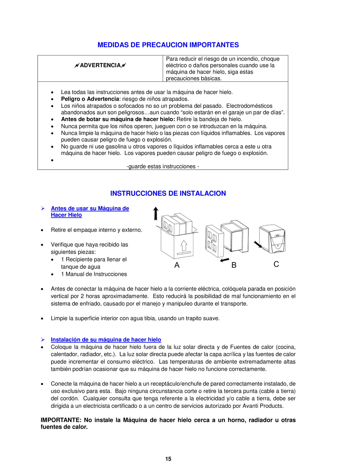 Avanti PIM25SS instruction manual Medidas DE Precaucion Importantes, Instrucciones DE Instalacion, Advertencia 