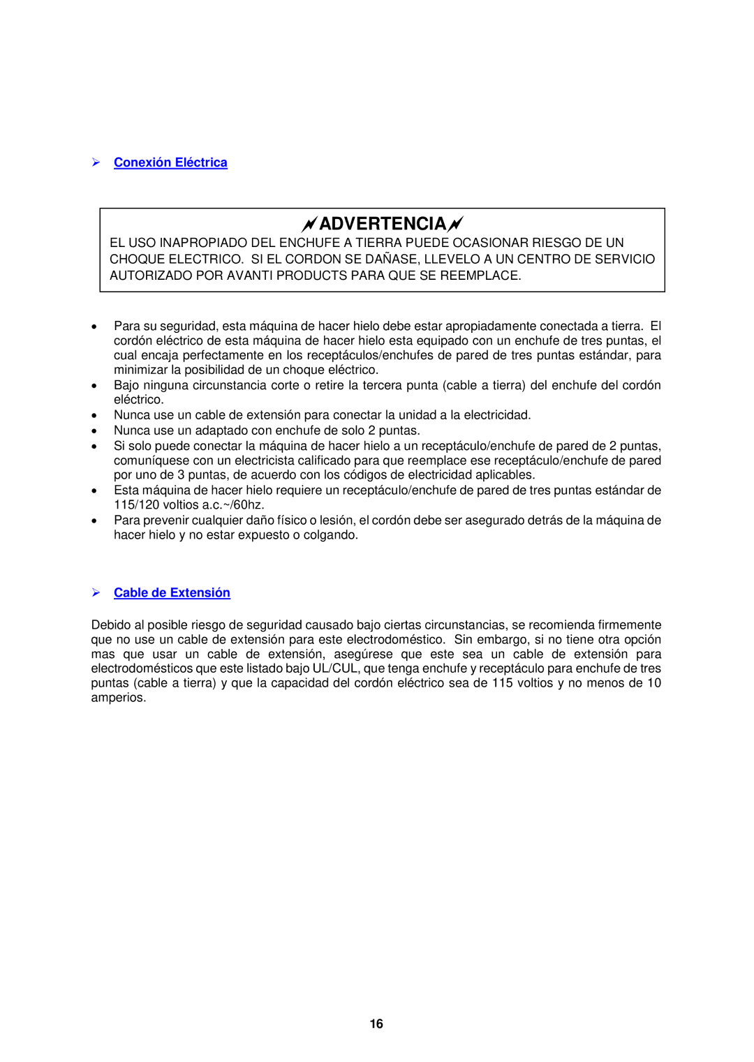 Avanti PIM25SS instruction manual  Conexión Eléctrica,  Cable de Extensión 