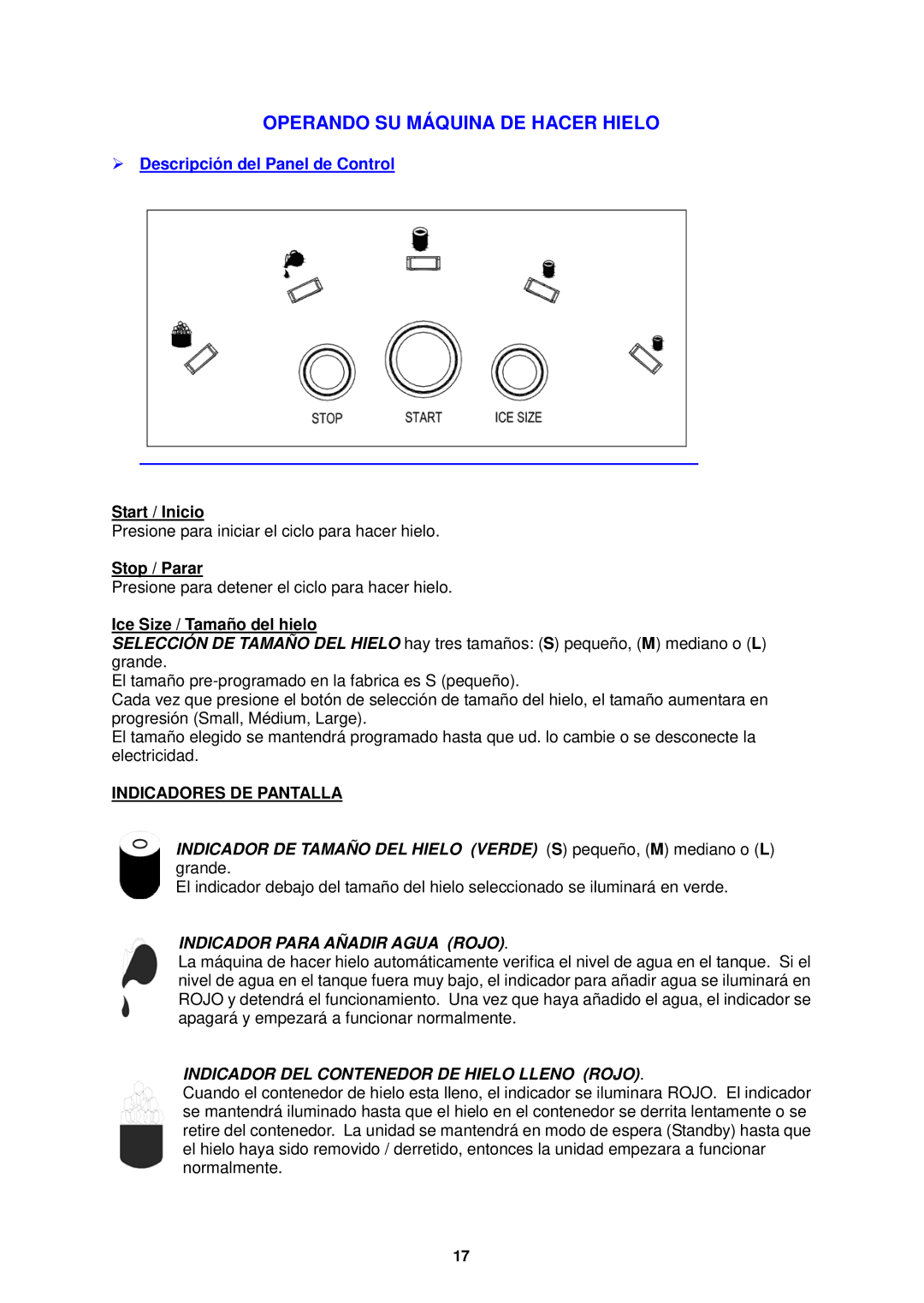 Avanti PIM25SS Operando SU Máquina DE Hacer Hielo, Start / Inicio, Stop / Parar, Ice Size / Tamaño del hielo 