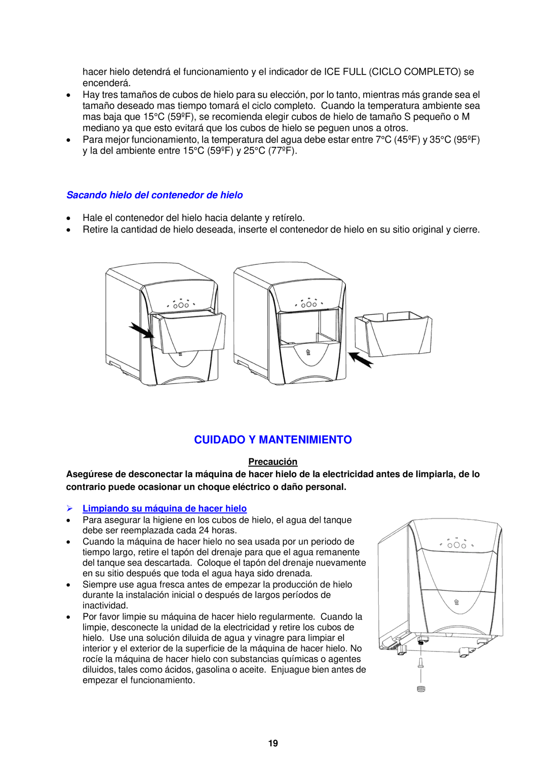 Avanti PIM25SS Cuidado Y Mantenimiento, Sacando hielo del contenedor de hielo,  Limpiando su máquina de hacer hielo 