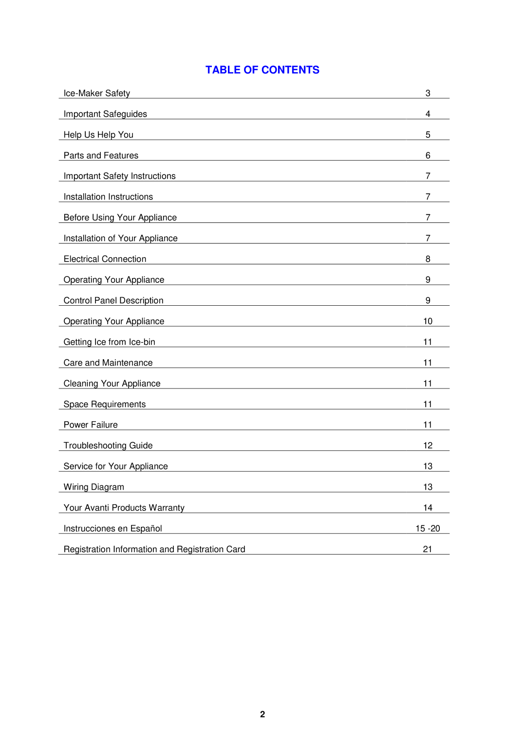 Avanti PIM25SS instruction manual Table of Contents 