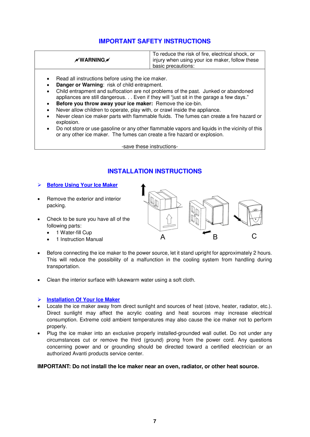 Avanti PIM25SS Important Safety Instructions, Installation Instructions, Warning,  Before Using Your Ice Maker 