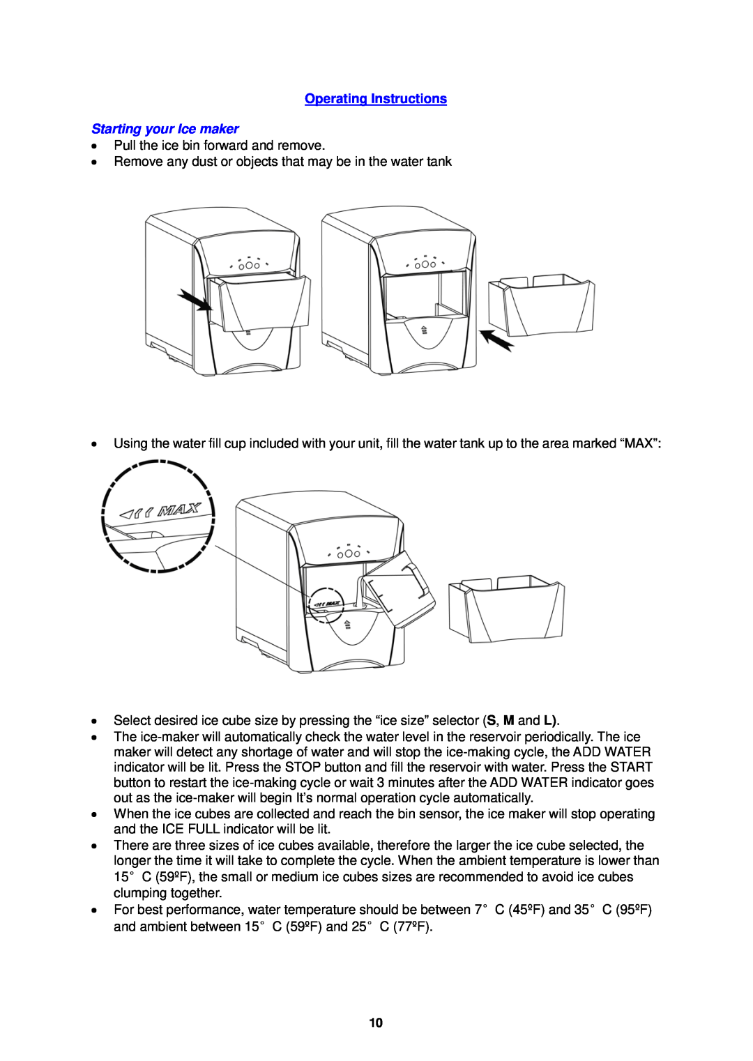 Avanti PIM25SS instruction manual Operating Instructions, Starting your Ice maker 