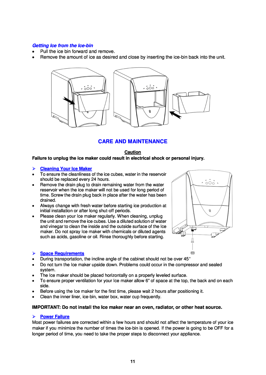 Avanti PIM25SS Care And Maintenance, Getting Ice from the Ice-bin, Cleaning Your Ice Maker, Space Requirements 