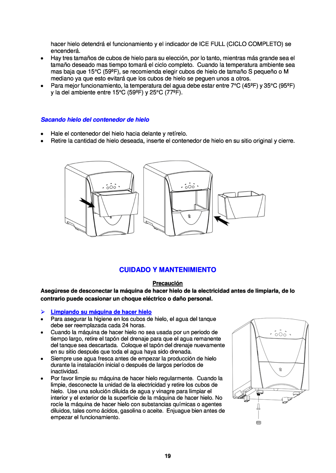 Avanti PIM25SS instruction manual Cuidado Y Mantenimiento, Sacando hielo del contenedor de hielo 