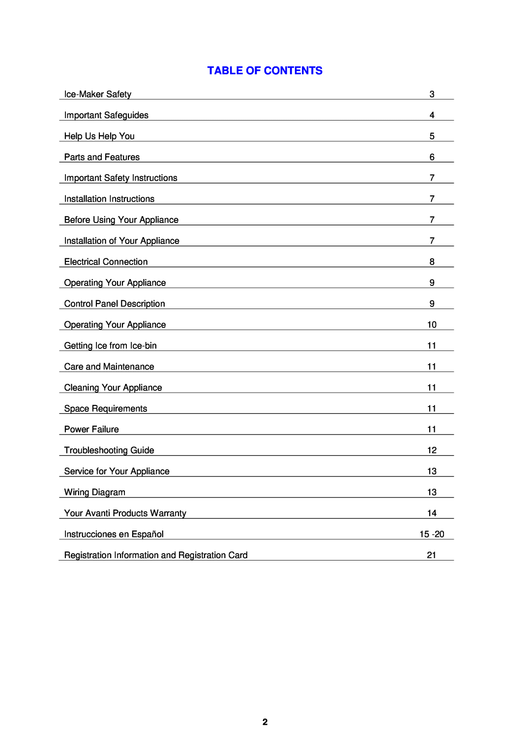 Avanti PIM25SS instruction manual Table Of Contents 