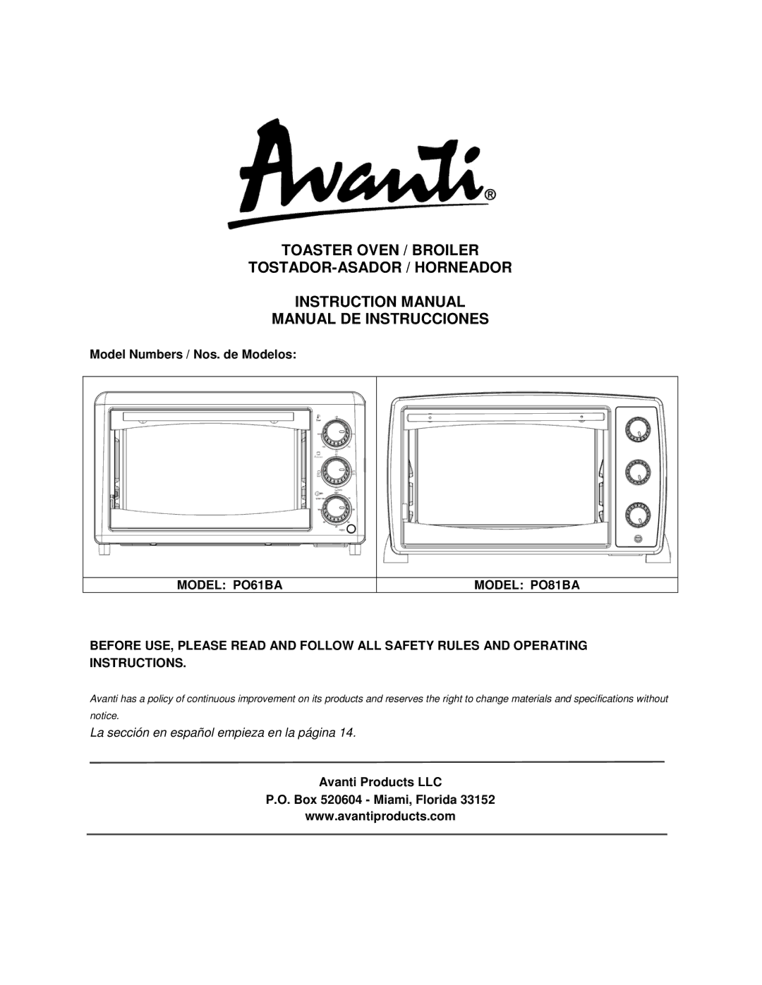 Avanti PO61BA, PO81BA instruction manual Model Numbers / Nos. de Modelos, Avanti Products LLC Box 520604 Miami, Florida 