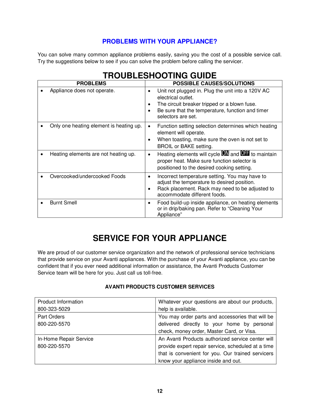 Avanti PO81BA, PO61BA instruction manual Troubleshooting Guide, Service for Your Appliance 