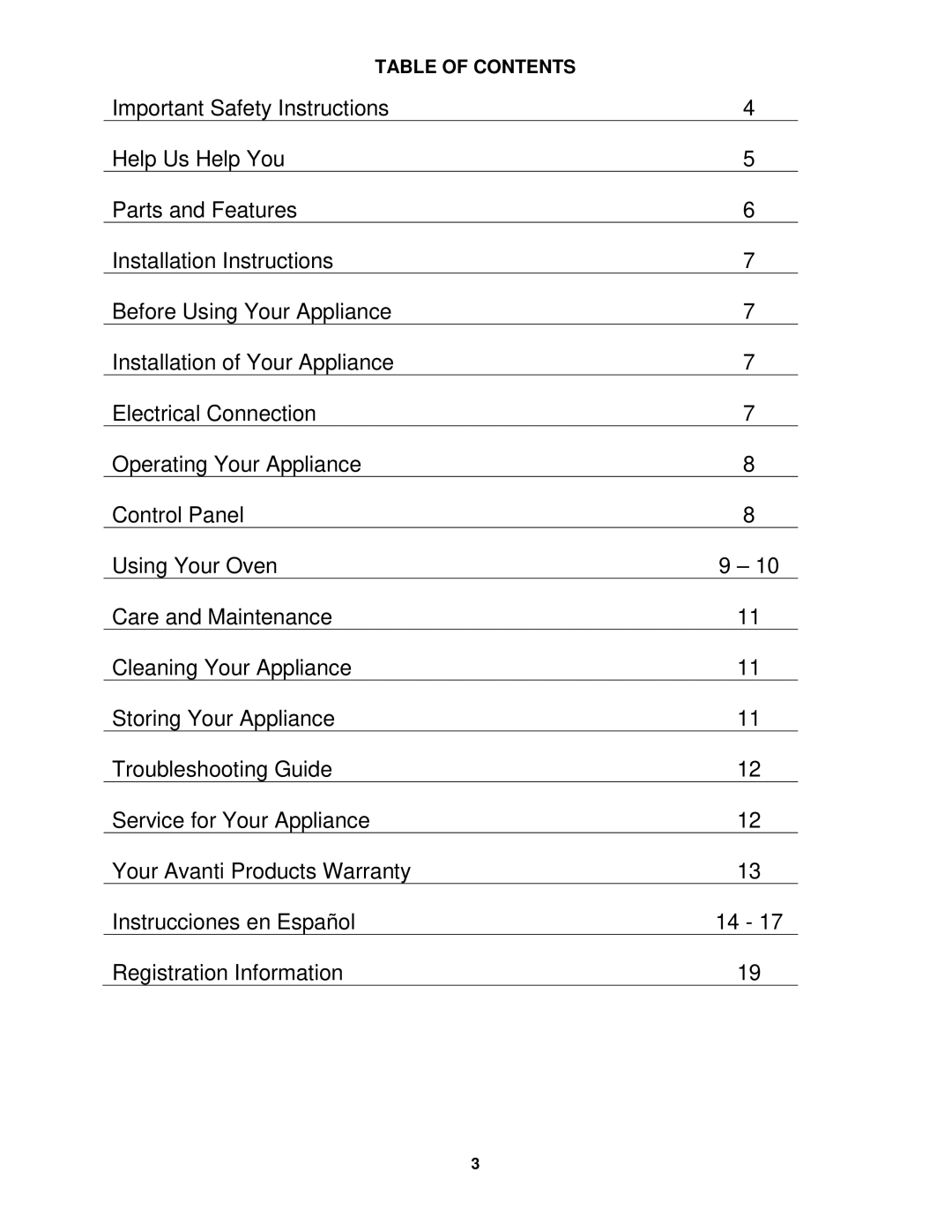 Avanti PO61BA, PO81BA instruction manual Table of Contents 