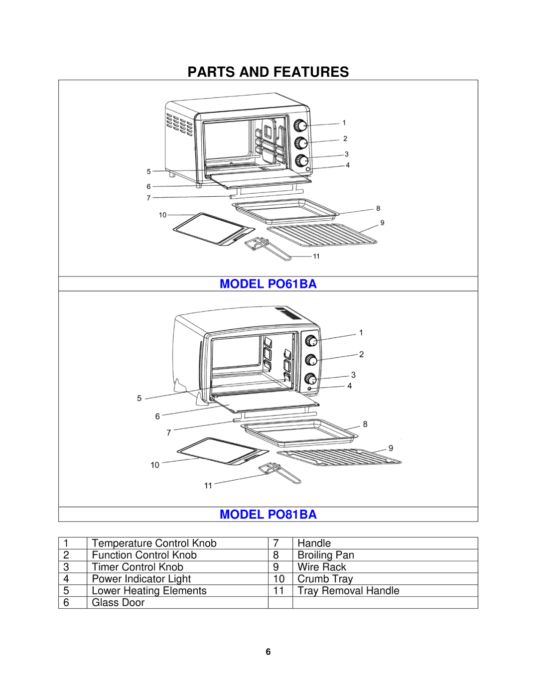 Avanti instruction manual Parts and Features, Model PO61BA Model PO81BA 