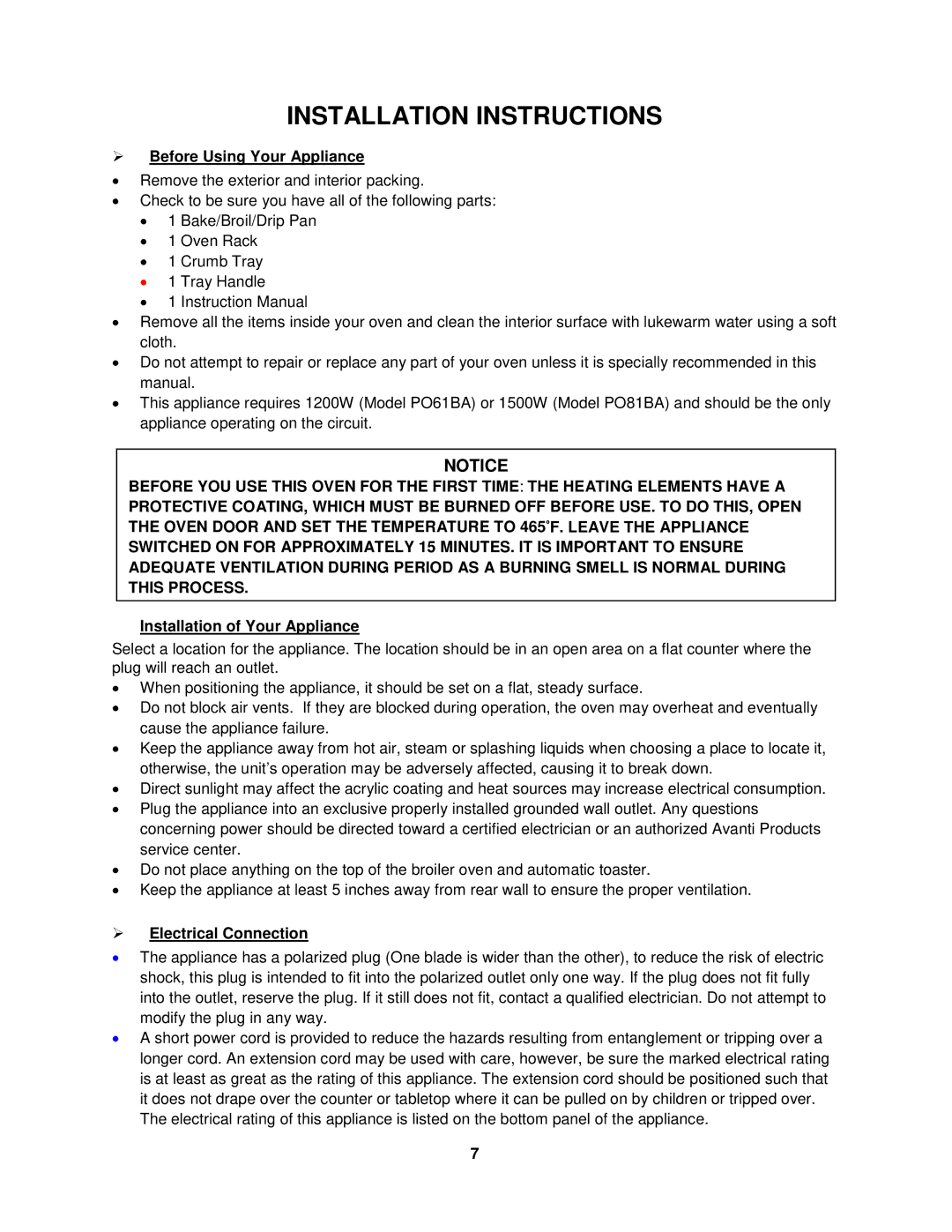 Avanti PO61BA, PO81BA Installation Instructions,  Before Using Your Appliance, Installation of Your Appliance 