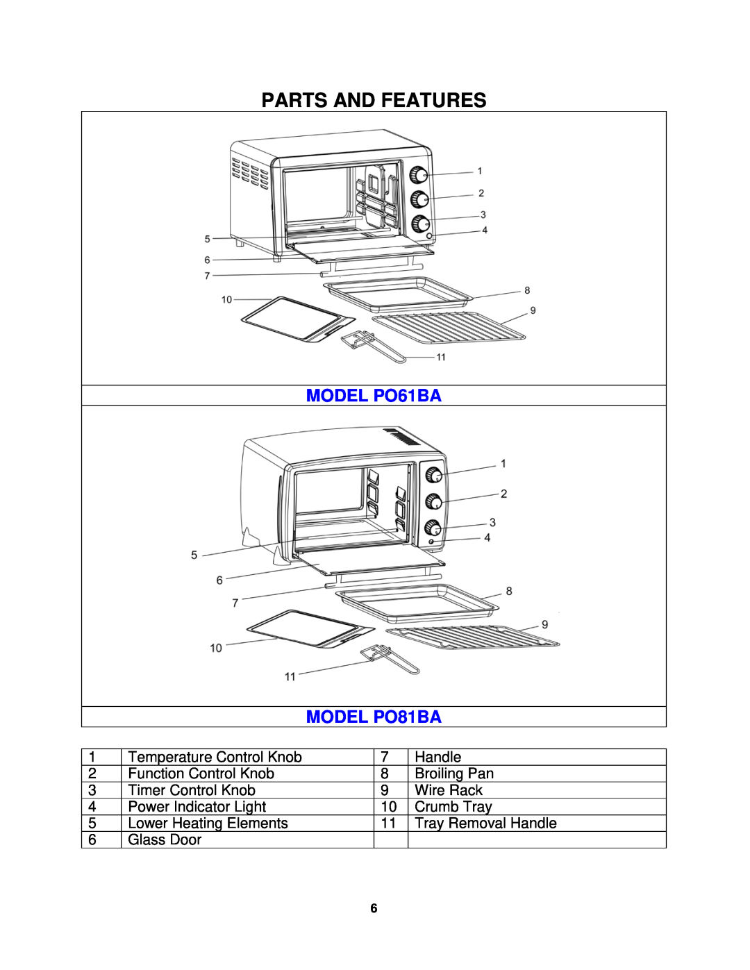 Avanti instruction manual Parts And Features, MODEL PO61BA MODEL PO81BA 