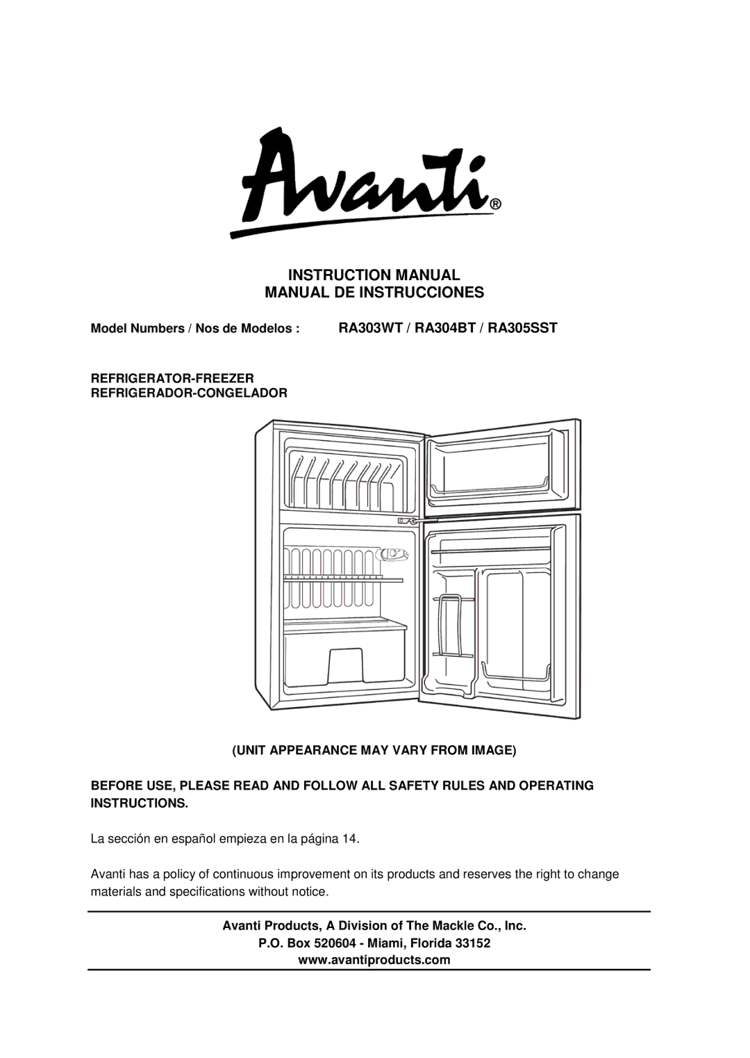 Avanti RA305SST, RA303WT, RA304BT instruction manual Manual DE Instrucciones, Model Numbers / Nos de Modelos 