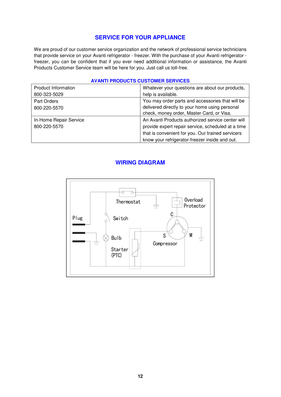 Avanti RA303WT, RA305SST, RA304BT instruction manual Service for Your Appliance, Wiring Diagram 