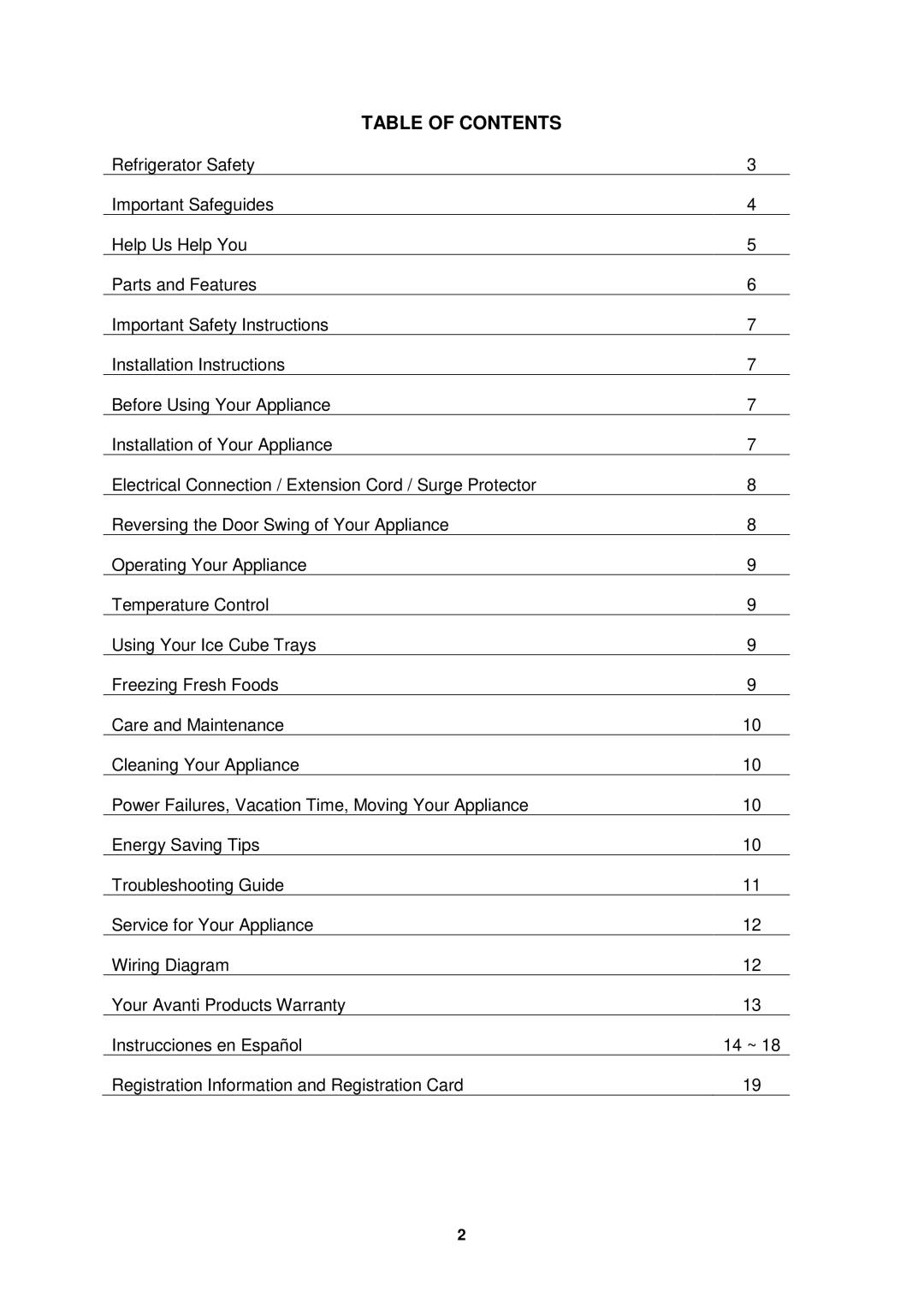 Avanti RA304BT, RA303WT, RA305SST instruction manual Table of Contents 