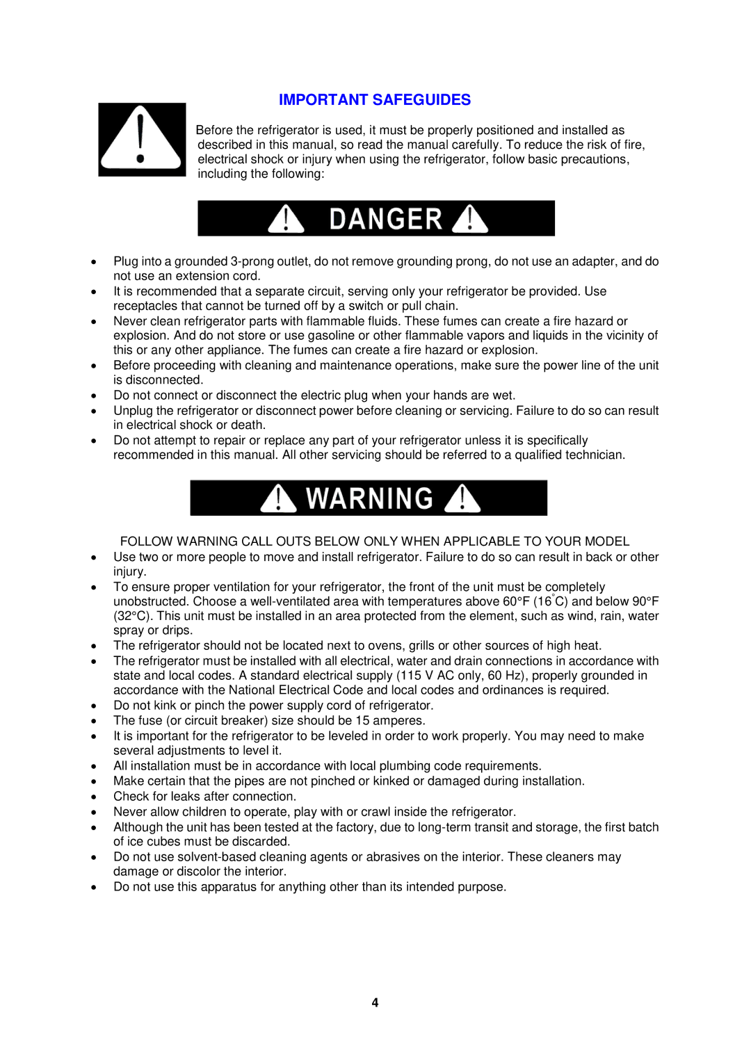 Avanti RA305SST, RA303WT, RA304BT instruction manual Important Safeguides 