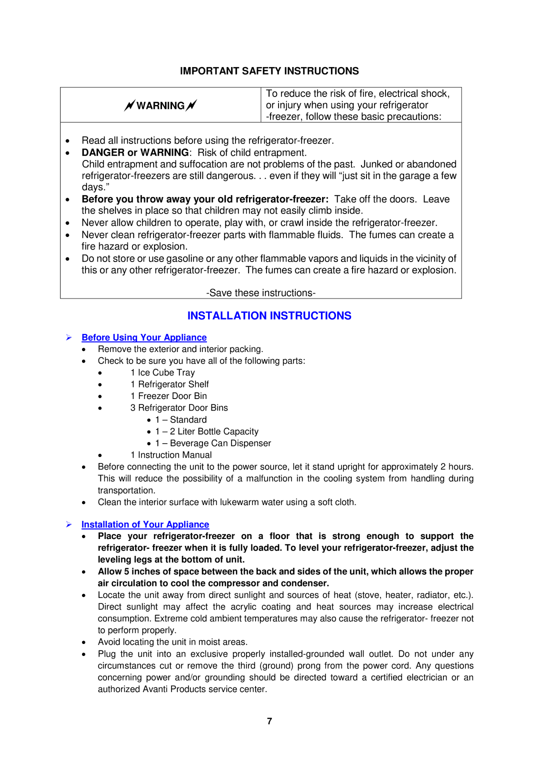 Avanti RA305SST, RA303WT Installation Instructions,  Before Using Your Appliance,  Installation of Your Appliance 