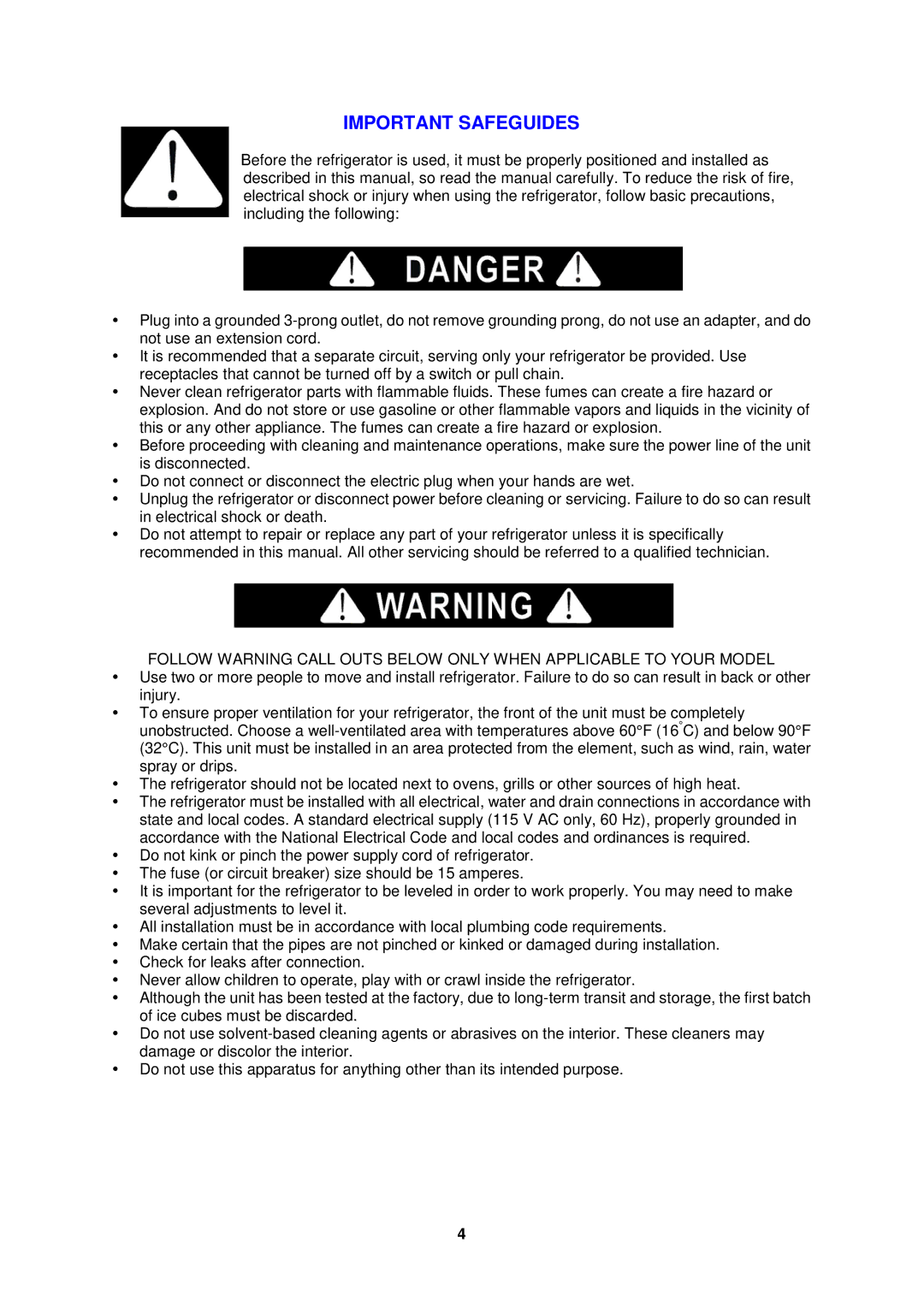 Avanti RA303WT-1, RA304BT-1, RA305SST-1 instruction manual Important Safeguides 