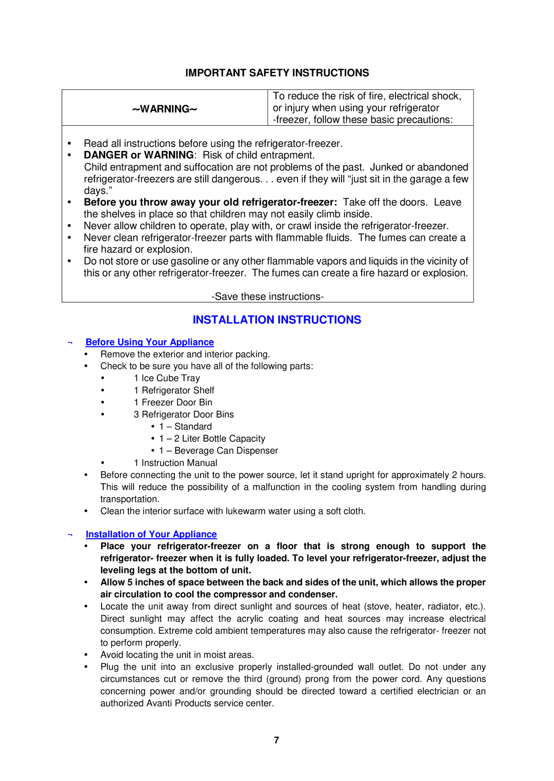 Avanti RA303WT-1, RA304BT-1 Installation Instructions, ← Before Using Your Appliance, ← Installation of Your Appliance 