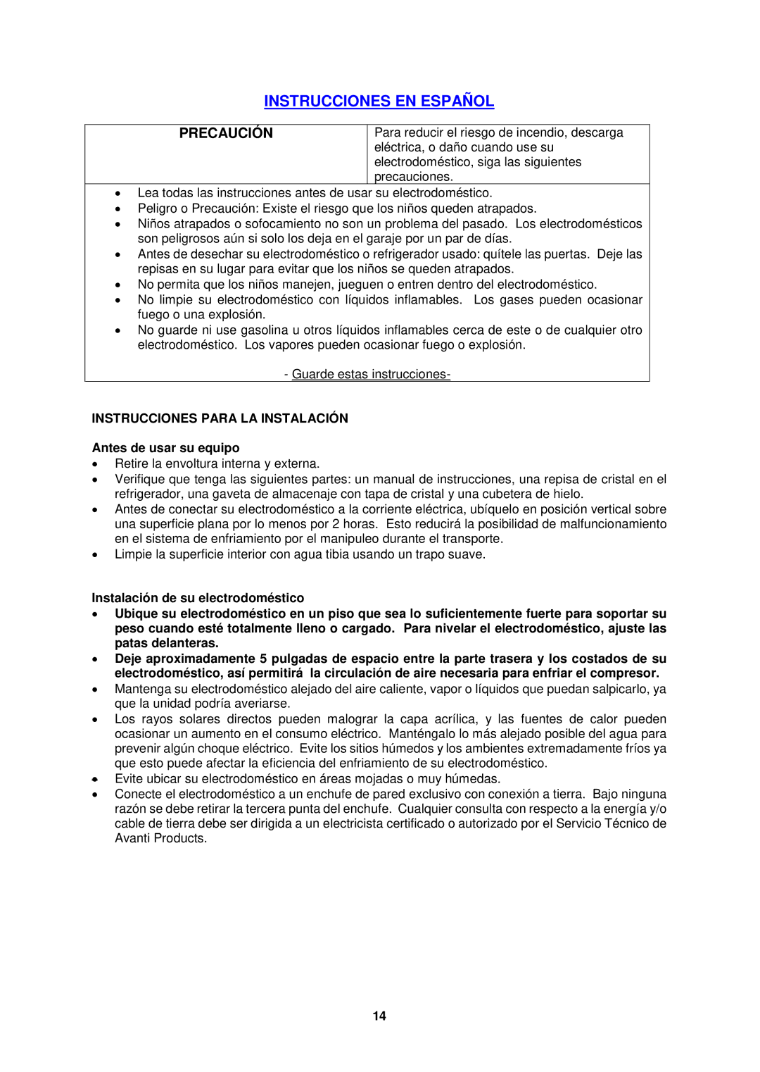 Avanti RA3100WT, RA3102PST, RA3101BT Instrucciones EN Español, Instrucciones Para LA Instalación, Antes de usar su equipo 