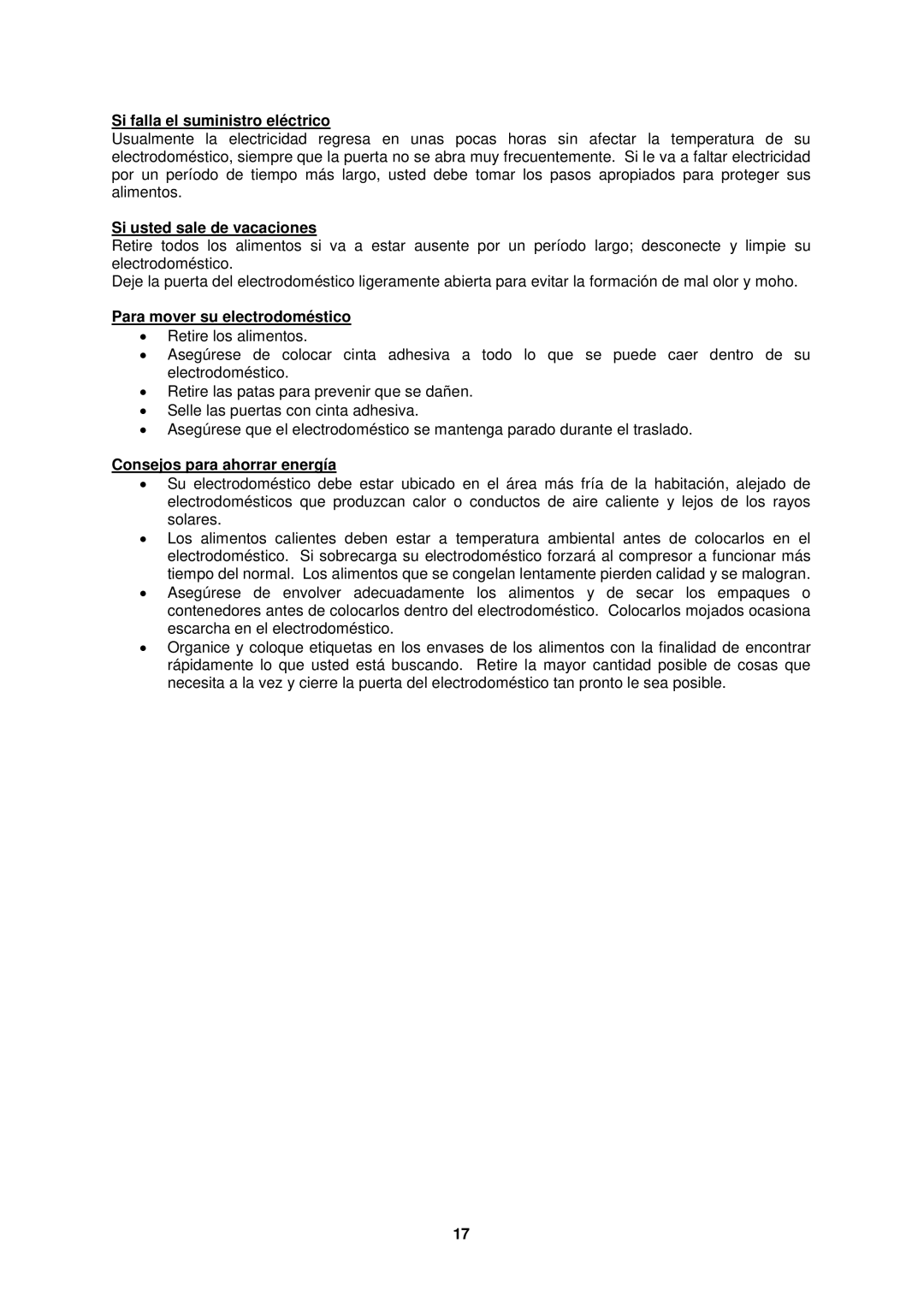 Avanti RA3101BT, RA3102PST Si falla el suministro eléctrico, Si usted sale de vacaciones, Para mover su electrodoméstico 