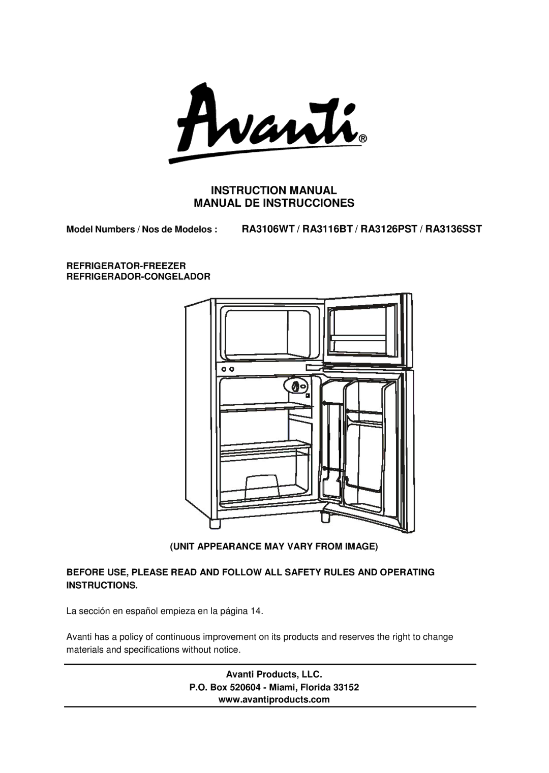 Avanti RA3116BT, RA3126PST instruction manual Manual DE Instrucciones, Avanti Products, LLC Box 520604 Miami, Florida 