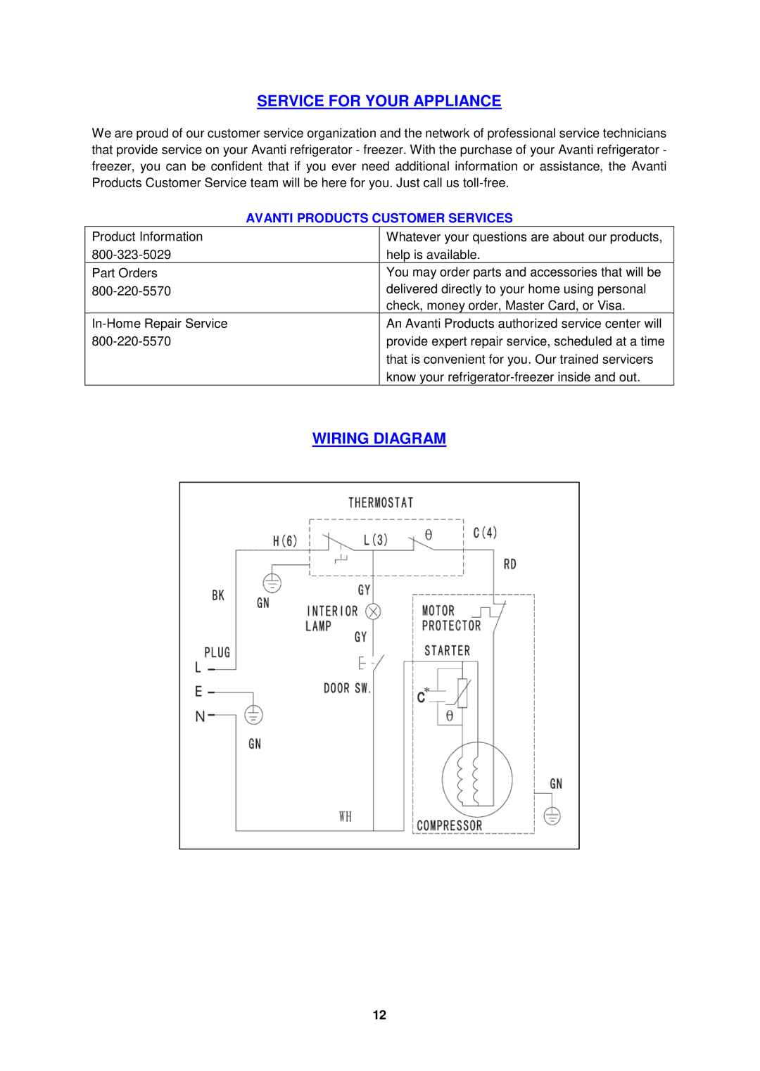 Avanti RA3126PST, RA3116BT, RA3106WT Service for Your Appliance, Wiring Diagram, Avanti Products Customer Services 