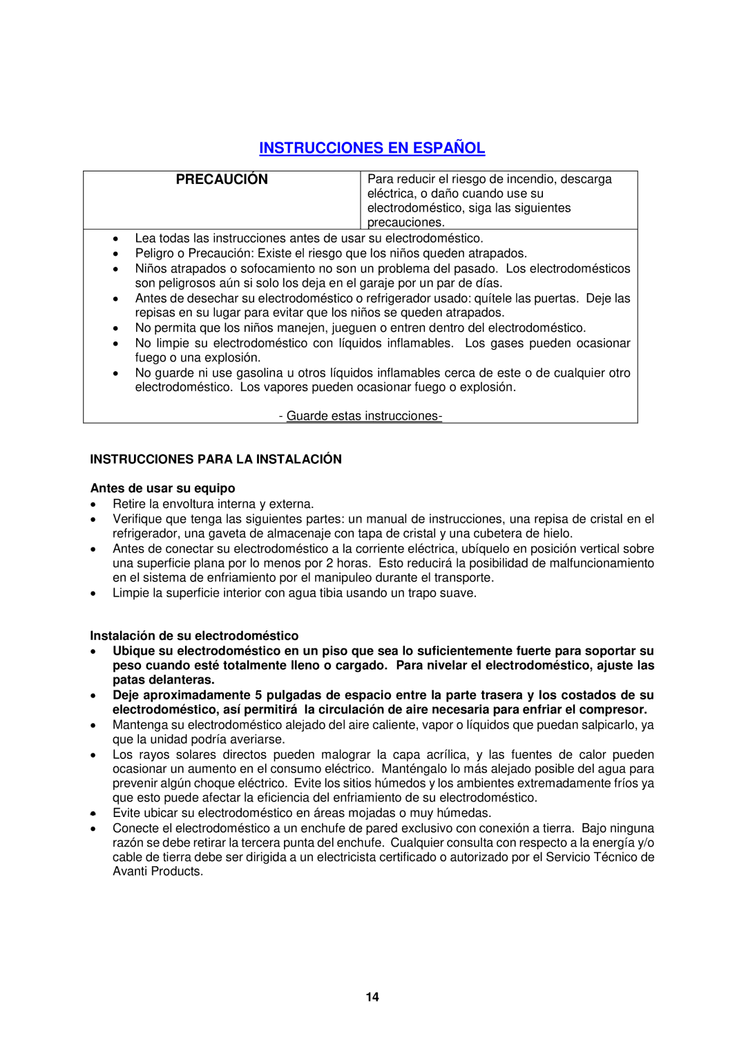 Avanti RA3106WT, RA3126PST, RA3116BT Instrucciones EN Español, Instrucciones Para LA Instalación, Antes de usar su equipo 