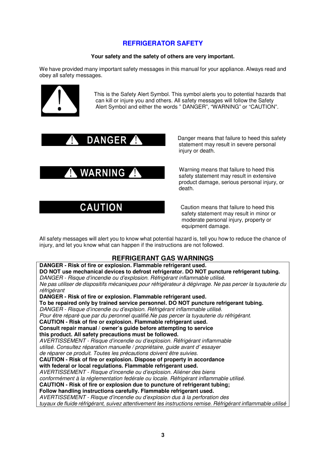 Avanti RA3136SST Refrigerator Safety, Refrigerant GAS Warnings, Your safety and the safety of others are very important 