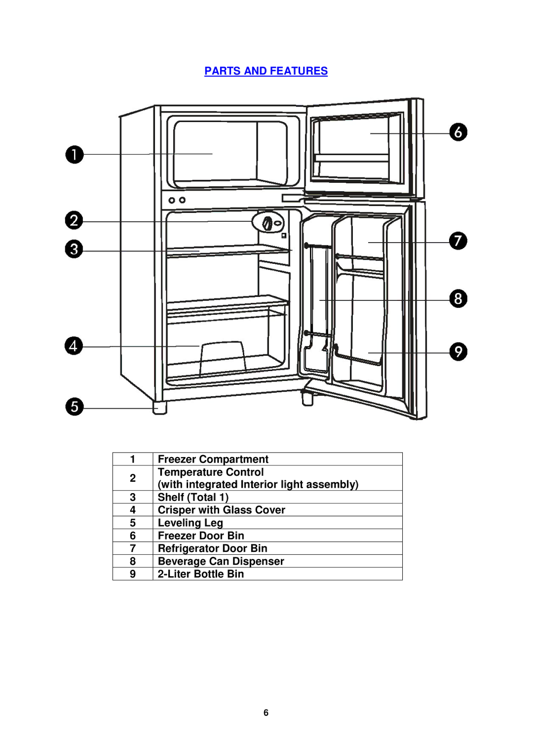 Avanti RA3106WT, RA3126PST, RA3116BT, RA3136SST instruction manual Parts and Features, Liter Bottle Bin 