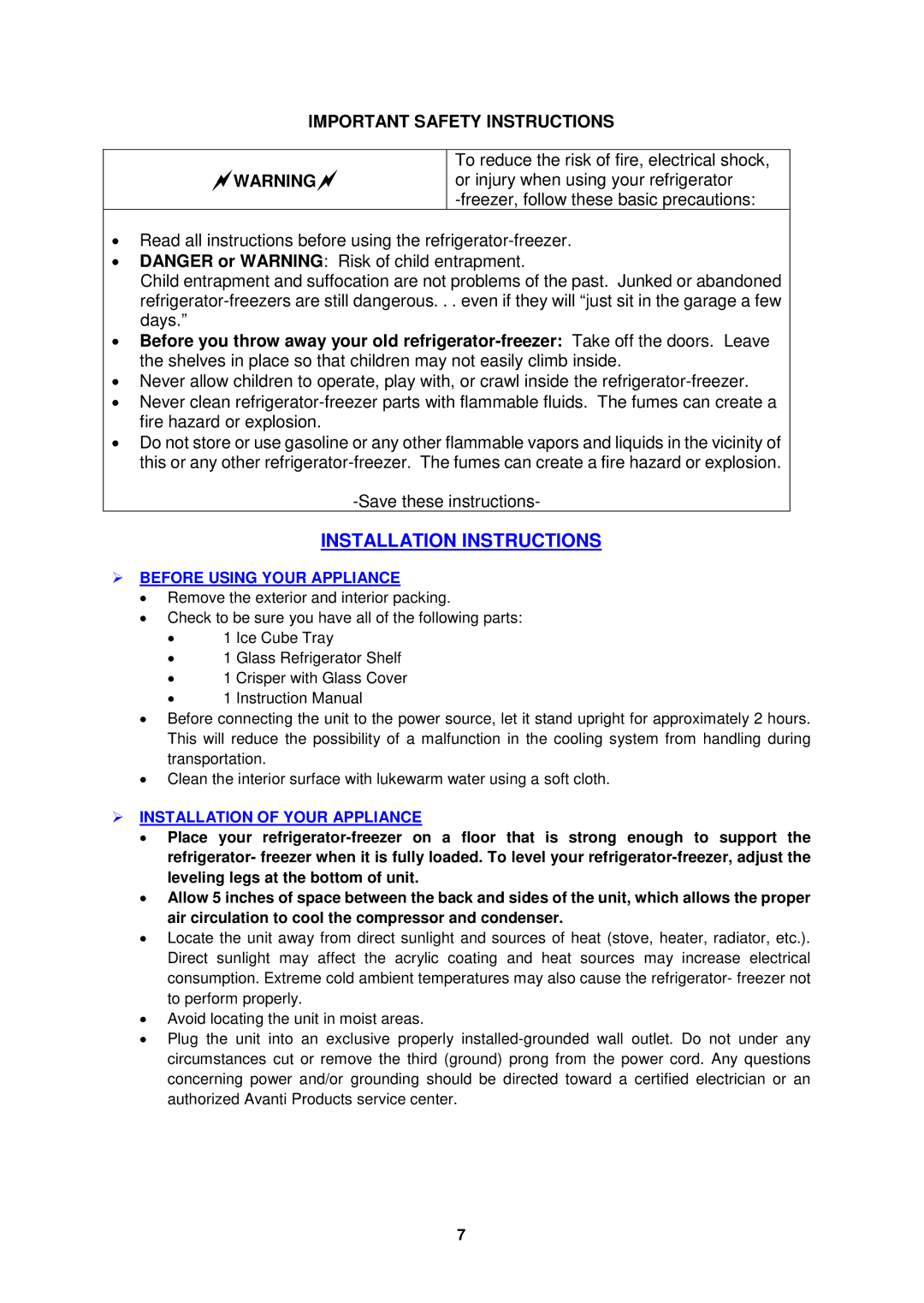 Avanti RA3136SST, RA3126PST Installation Instructions,  Before Using Your Appliance,  Installation of Your Appliance 