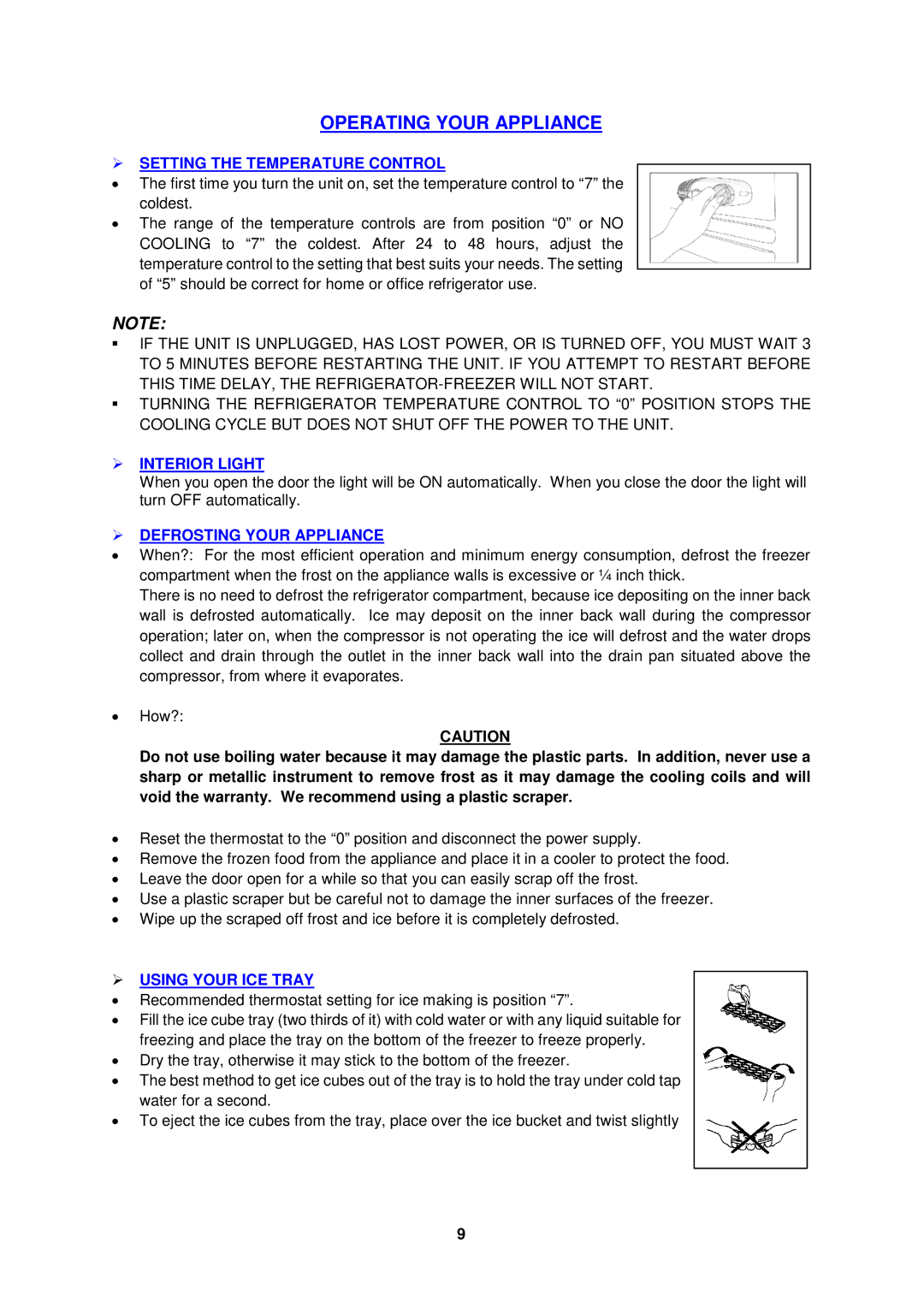 Avanti RA3116BT Operating Your Appliance,  Setting the Temperature Control,  Interior Light,  Defrosting Your Appliance 