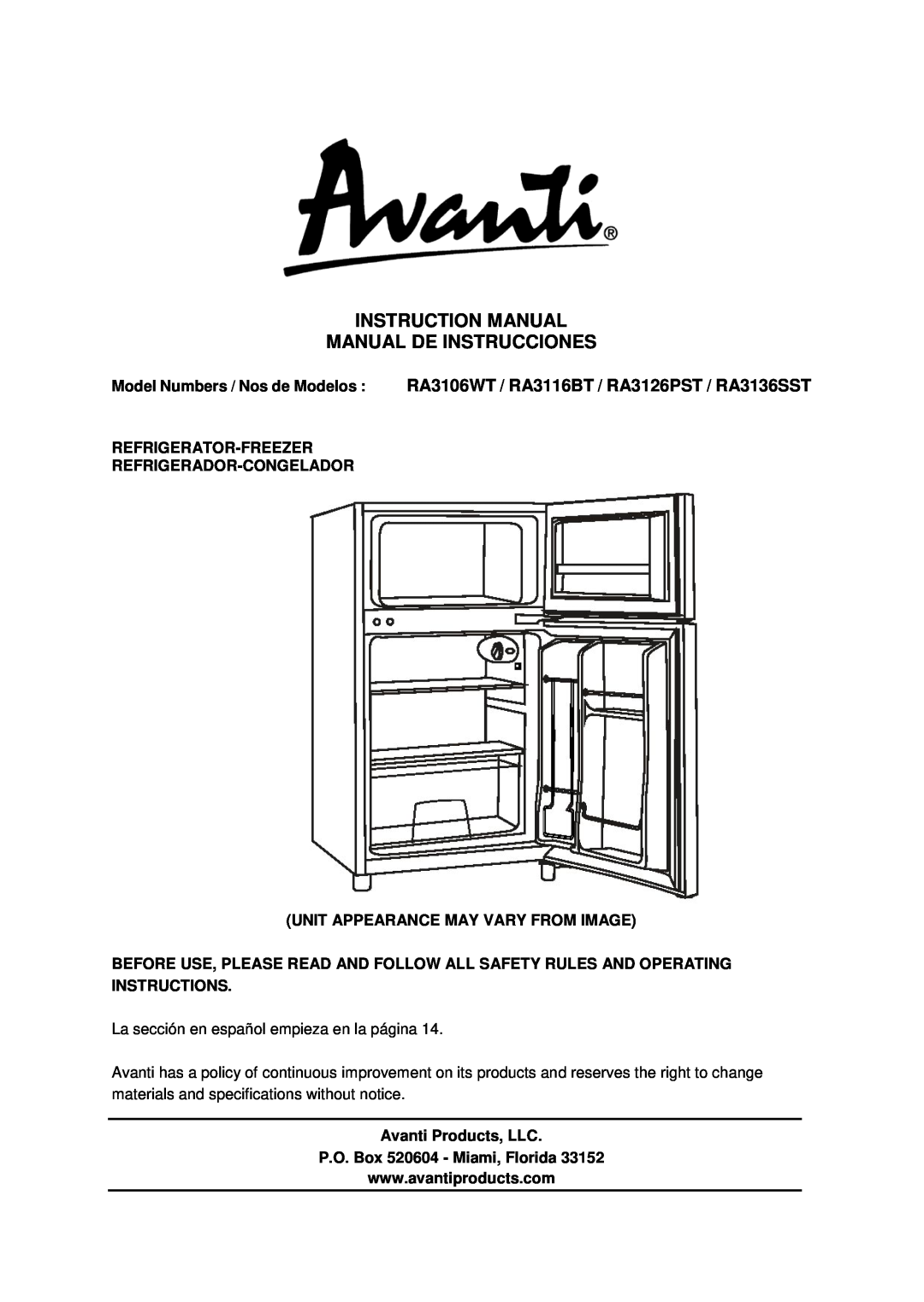 Avanti RA3116BT instruction manual Refrigerator-Freezer Refrigerador-Congelador, Unit Appearance May Vary From Image 