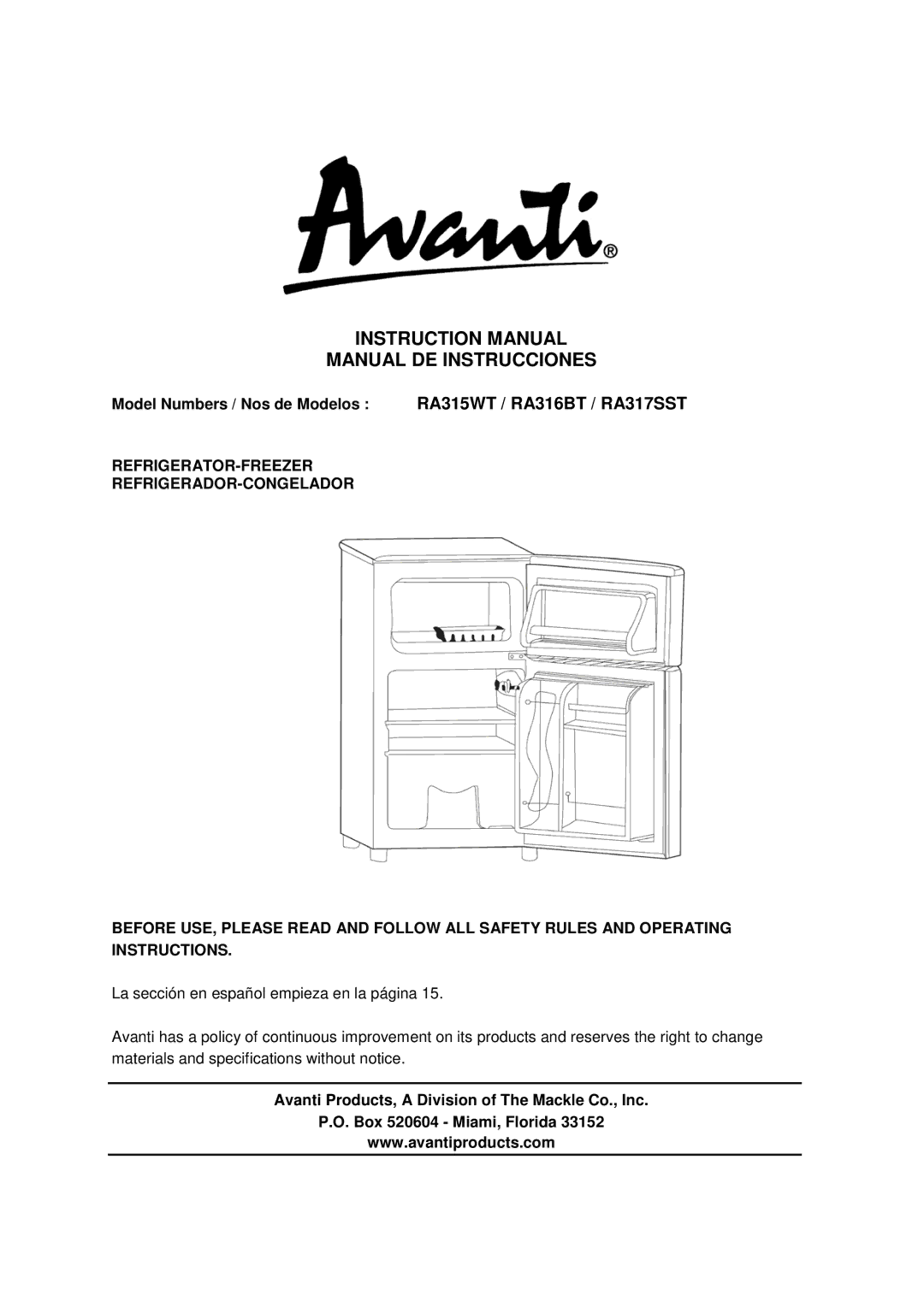 Avanti RA317SST, RA317WT, RA316WT, RA316BT instruction manual Manual DE Instrucciones, Model Numbers / Nos de Modelos 