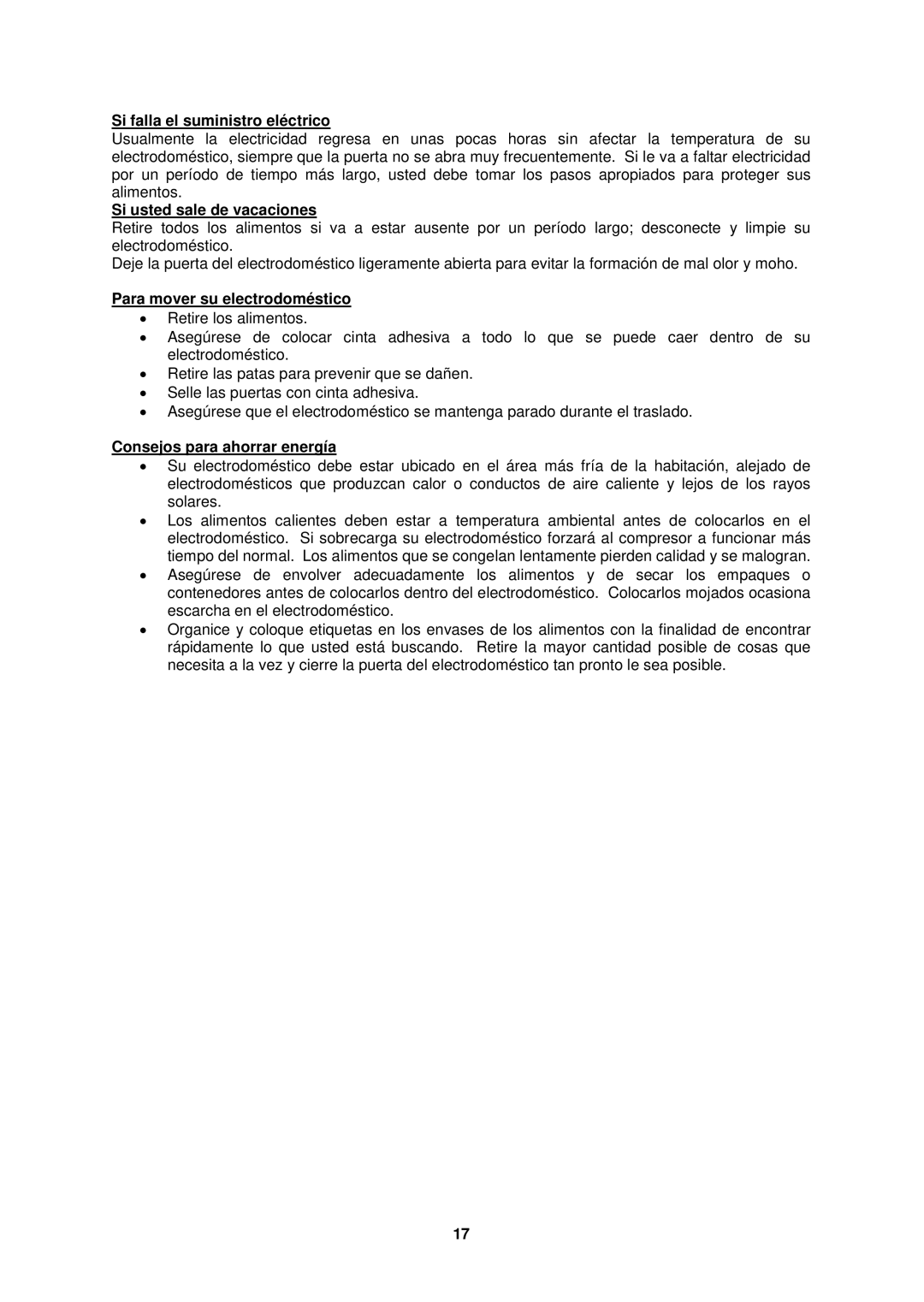 Avanti RA316WT, RA317WT Si falla el suministro eléctrico, Si usted sale de vacaciones, Para mover su electrodoméstico 