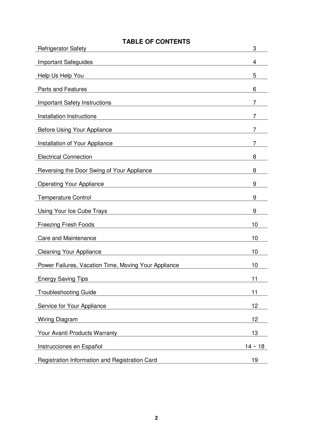 Avanti RA316WT, RA317WT, RA317SST, RA316BT, RA315WT instruction manual Table of Contents 