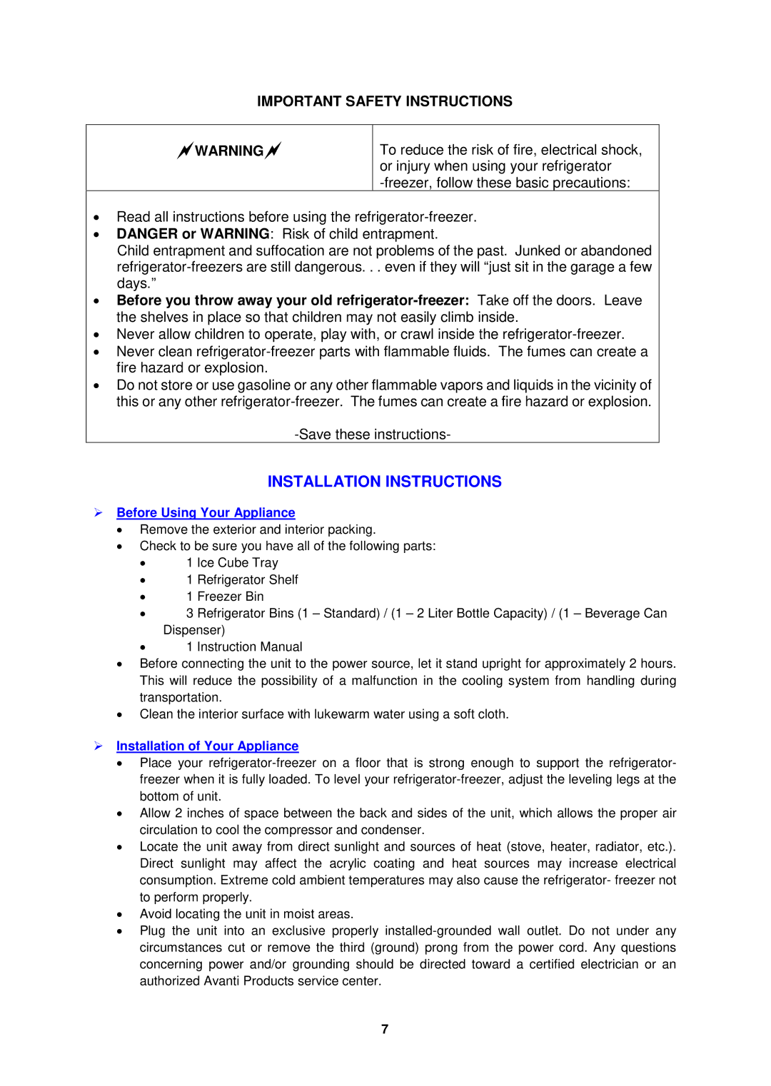 Avanti RA316WT, RA317WT, RA316BT Installation Instructions,  Before Using Your Appliance,  Installation of Your Appliance 