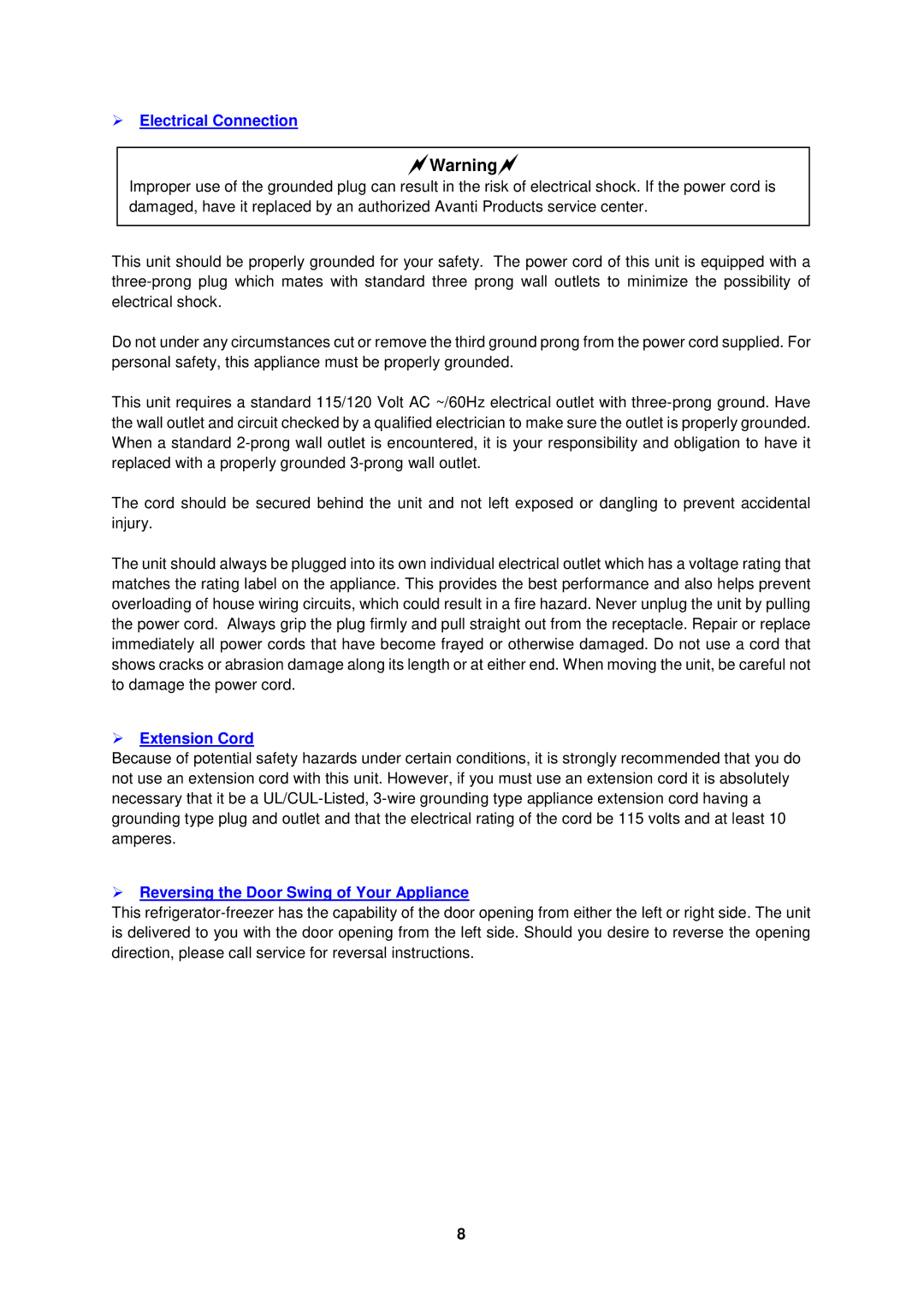 Avanti RA316BT, RA317WT, RA317SST  Electrical Connection,  Extension Cord,  Reversing the Door Swing of Your Appliance 