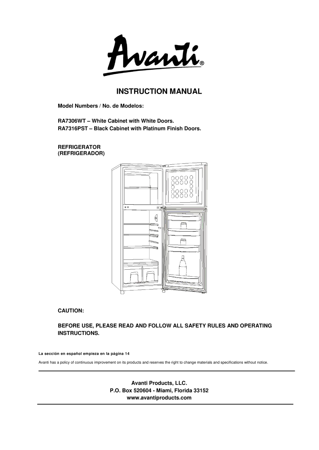 Avanti RA7306WT, RA7316PST instruction manual Avanti Products, LLC Box 520604 Miami, Florida 