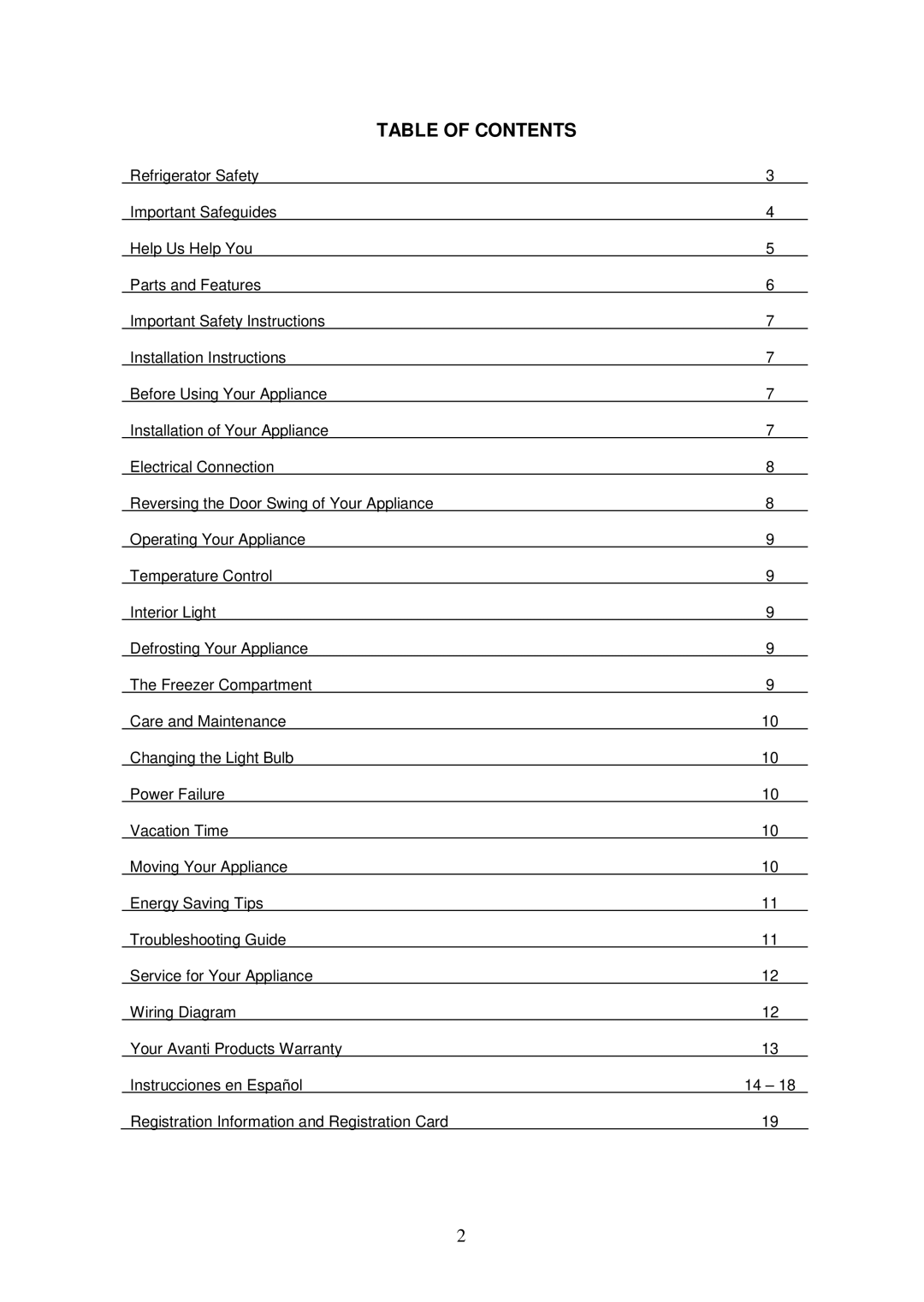 Avanti RA7316PST, RA7306WT instruction manual Table of Contents 