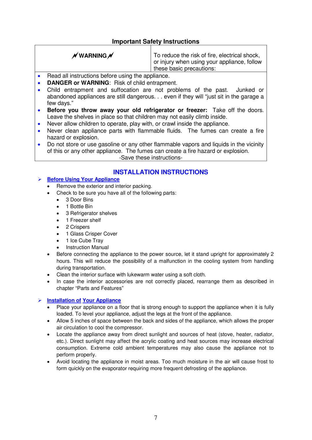 Avanti RA7306WT, RA7316PST Important Safety Instructions, Installation Instructions,  Before Using Your Appliance 